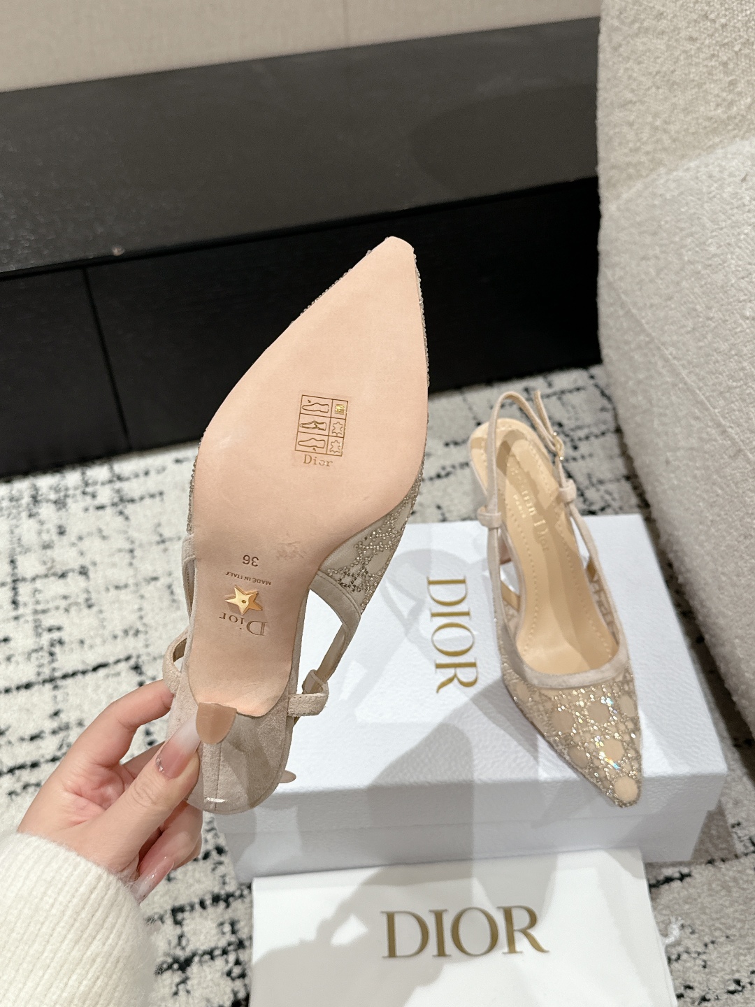 Bagsaaa D10r Capture Heeled Mule Transparent Mesh with Strass Cannage Motif and Nude Suede Goatskin