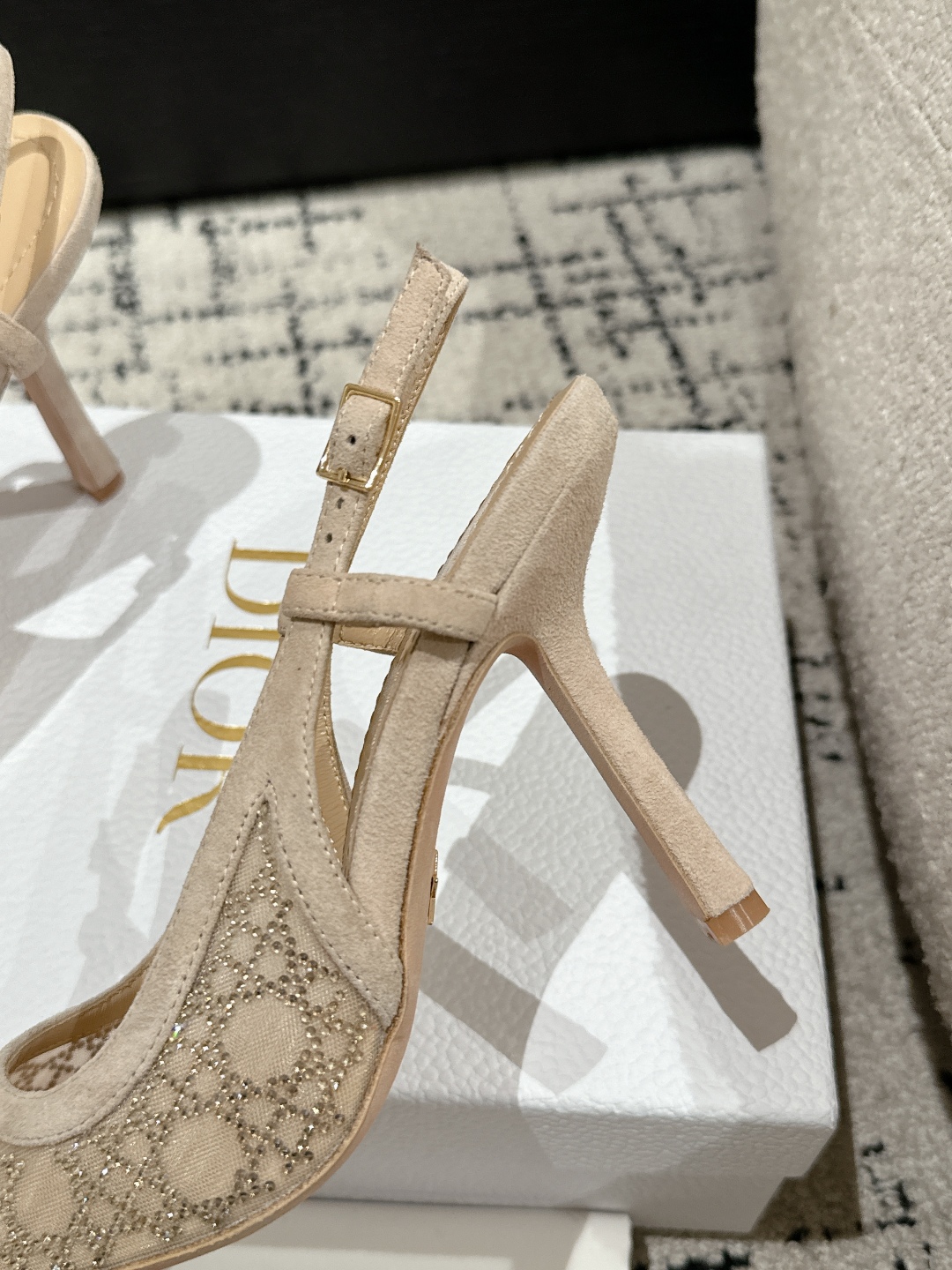 Bagsaaa D10r Capture Heeled Mule Transparent Mesh with Strass Cannage Motif and Nude Suede Goatskin