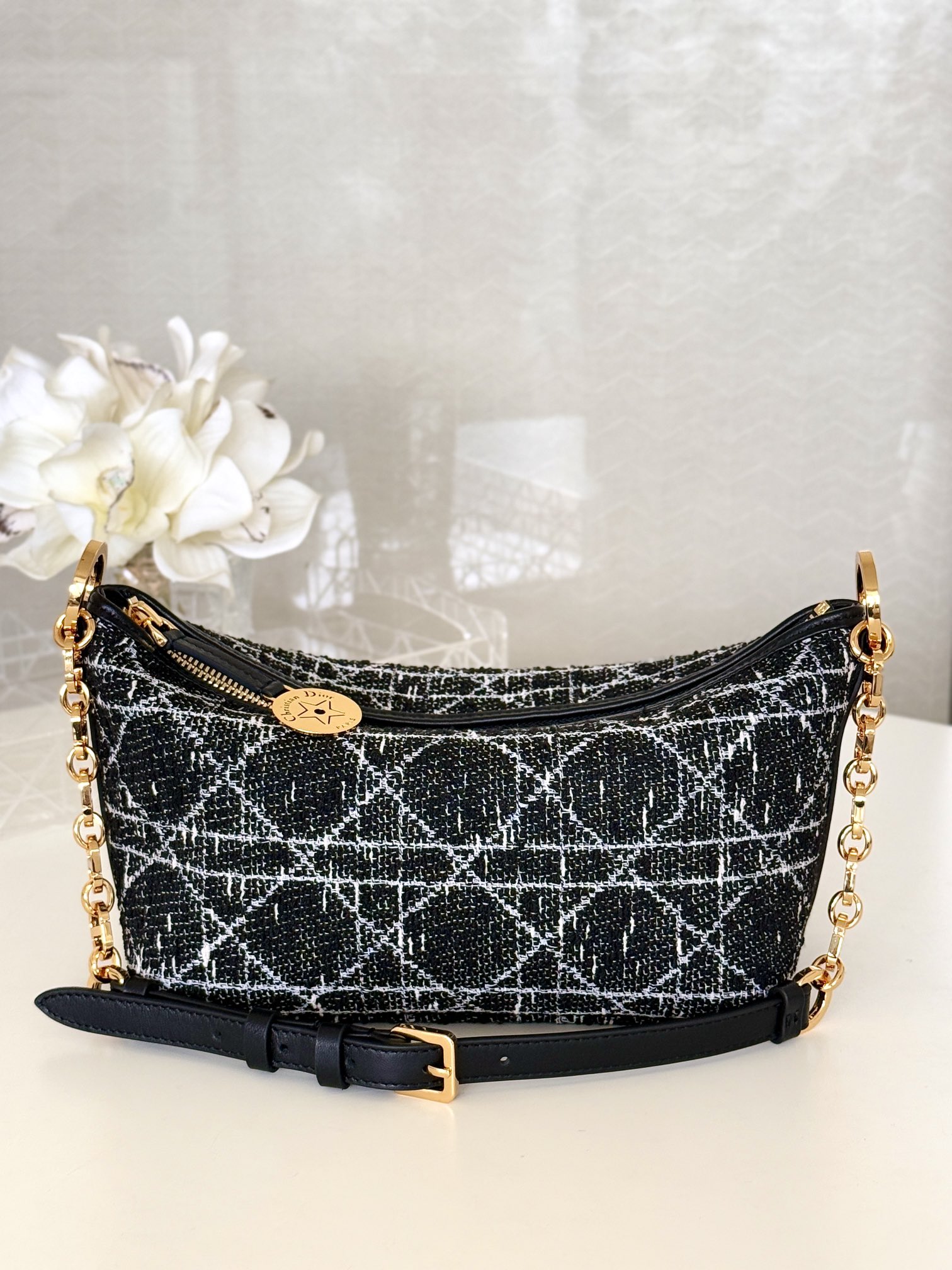 Bagsaaa D10rstar Hobo Bag with Chain Black Tweed with Cannage Motif in Gold-Tone Metallic Thread - 22cm