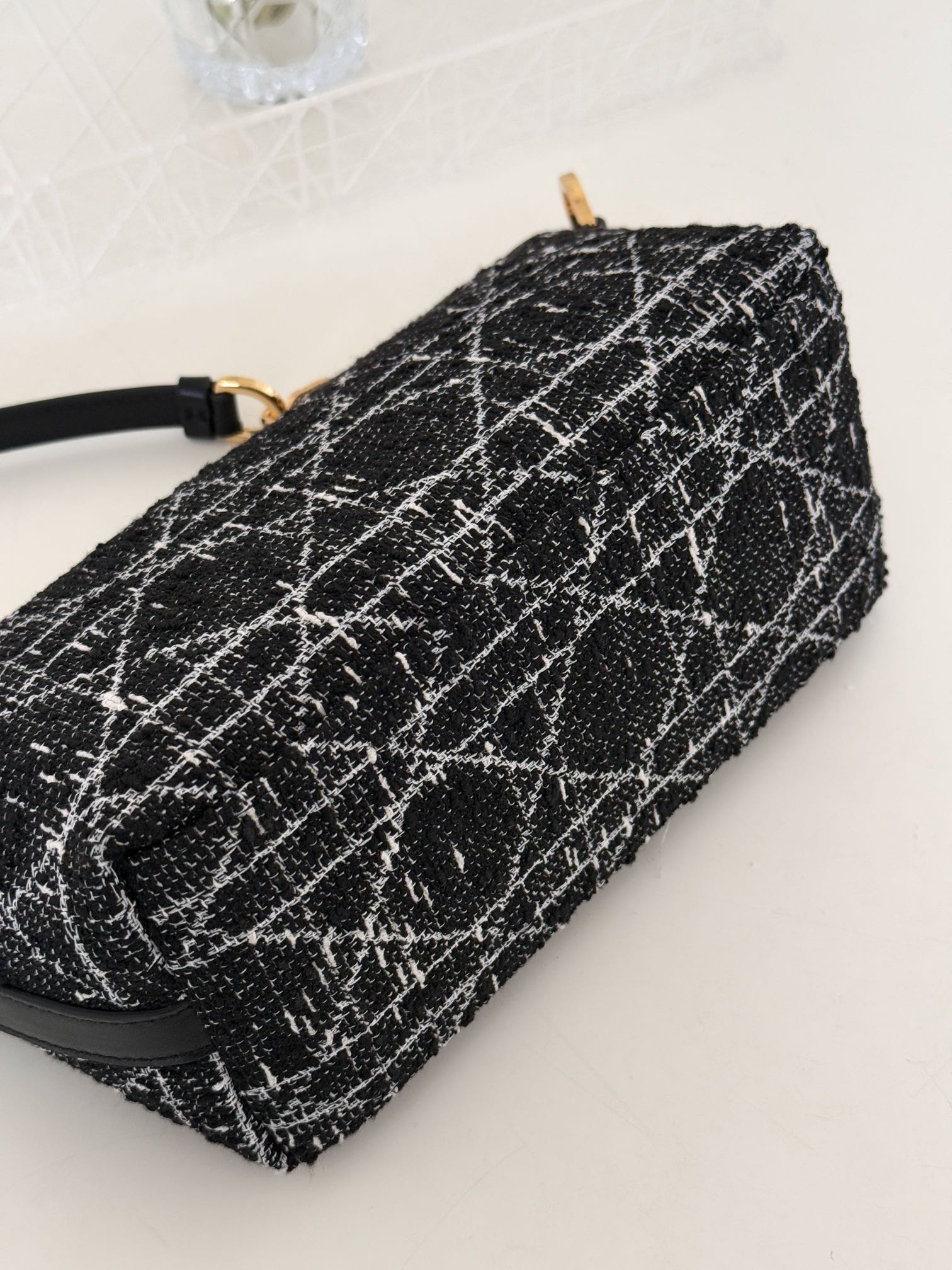 Bagsaaa D10rstar Hobo Bag with Chain Black Tweed with Cannage Motif in Gold-Tone Metallic Thread - 22cm