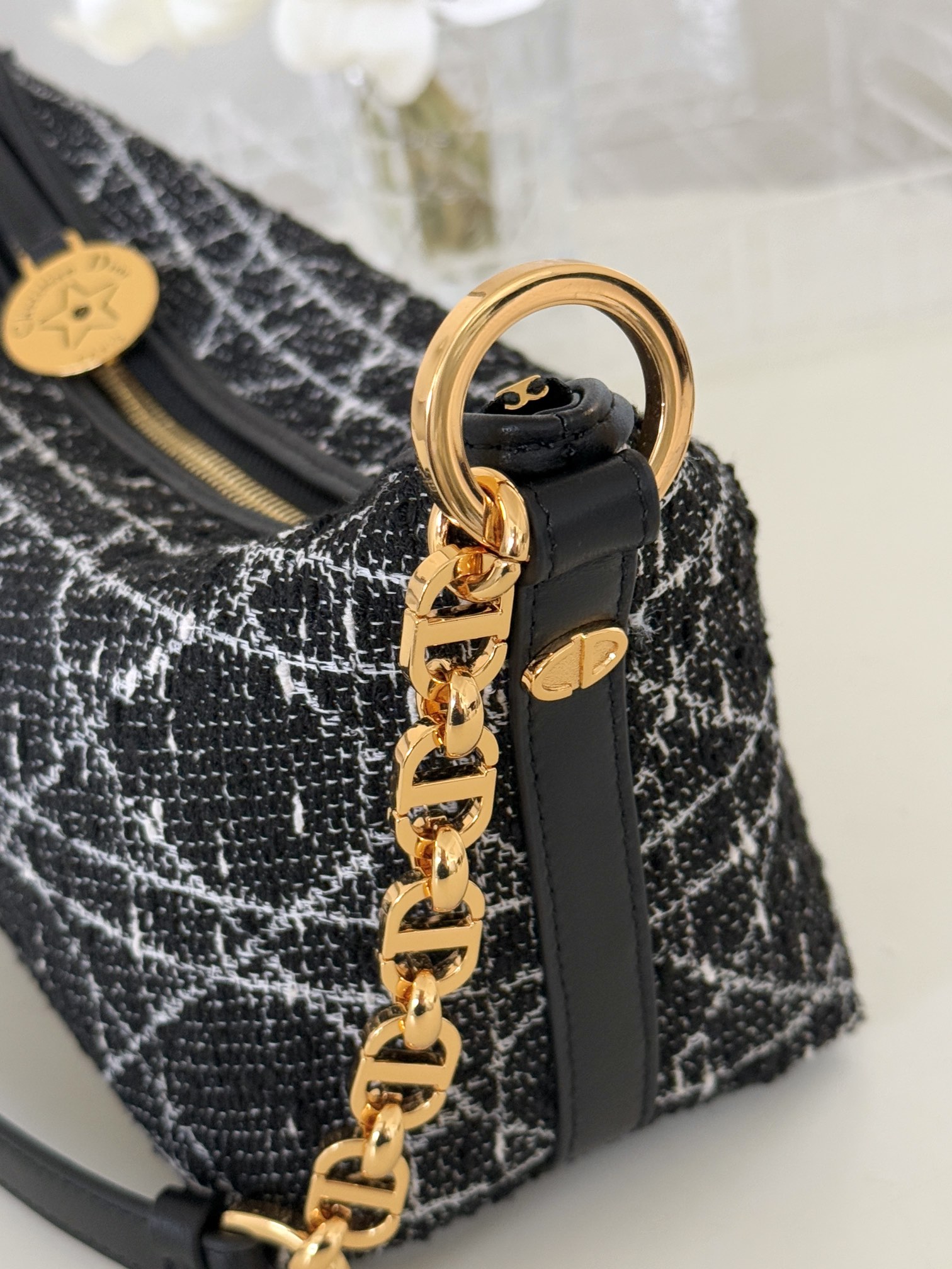 Bagsaaa D10rstar Hobo Bag with Chain Black Tweed with Cannage Motif in Gold-Tone Metallic Thread - 22cm
