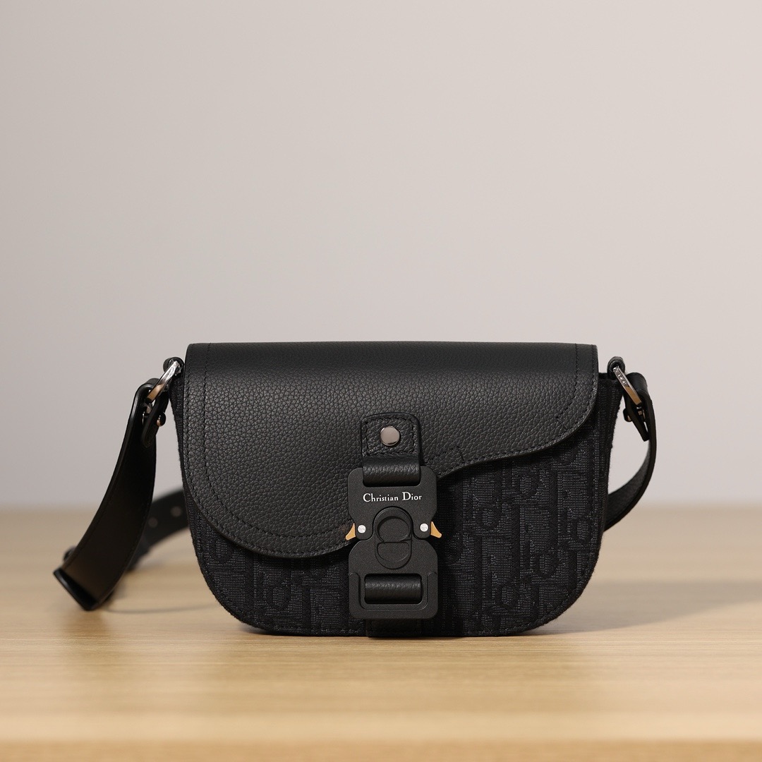 Bagsaaa D10r Mini Saddle Messenger Bag with Flap Black D10r Oblique Jacquard and Black Grained Calfskin - 20cm