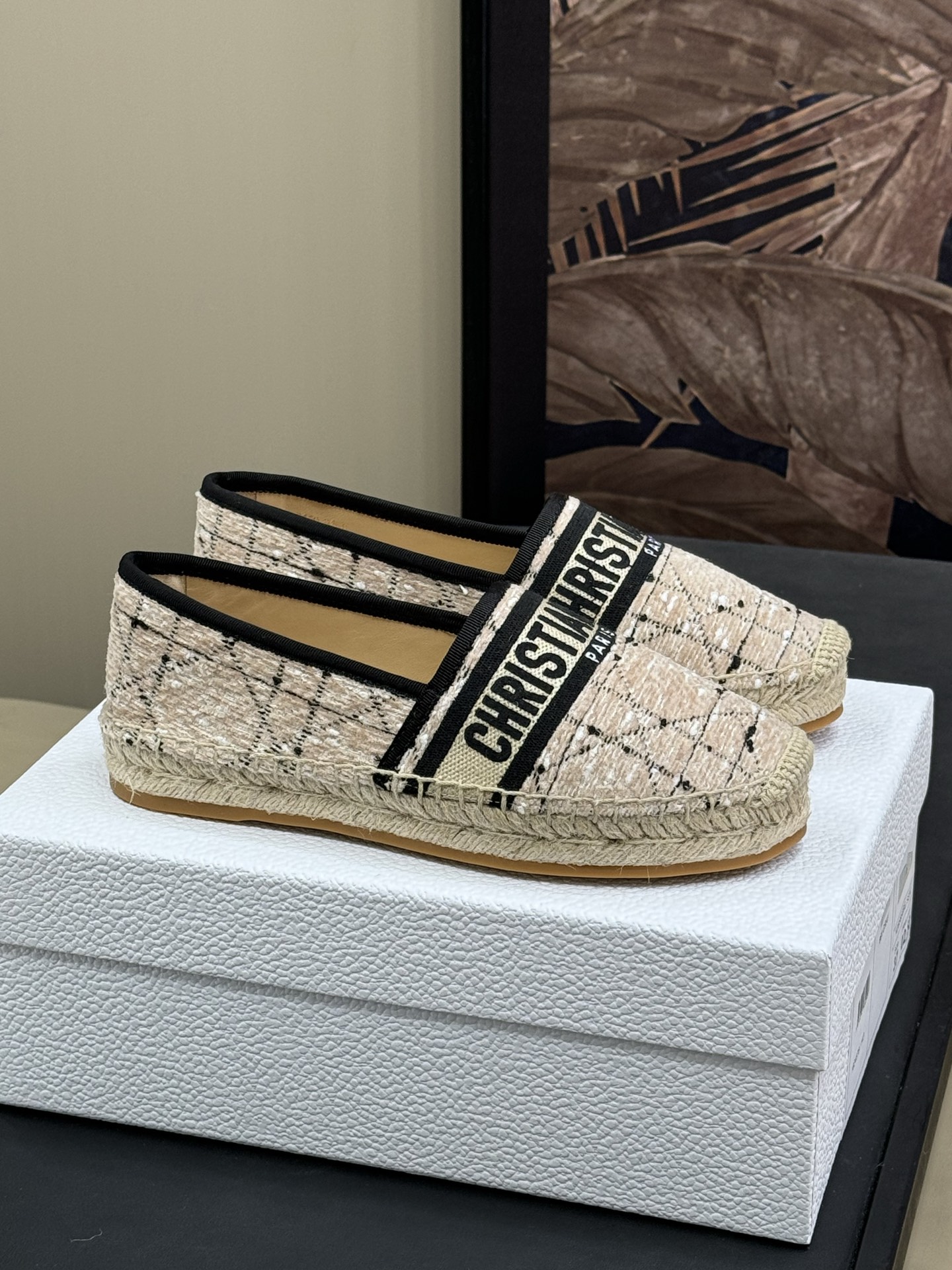 Bagsaaa D10r Granville Espadrille Beige and Black Cannage Tweed