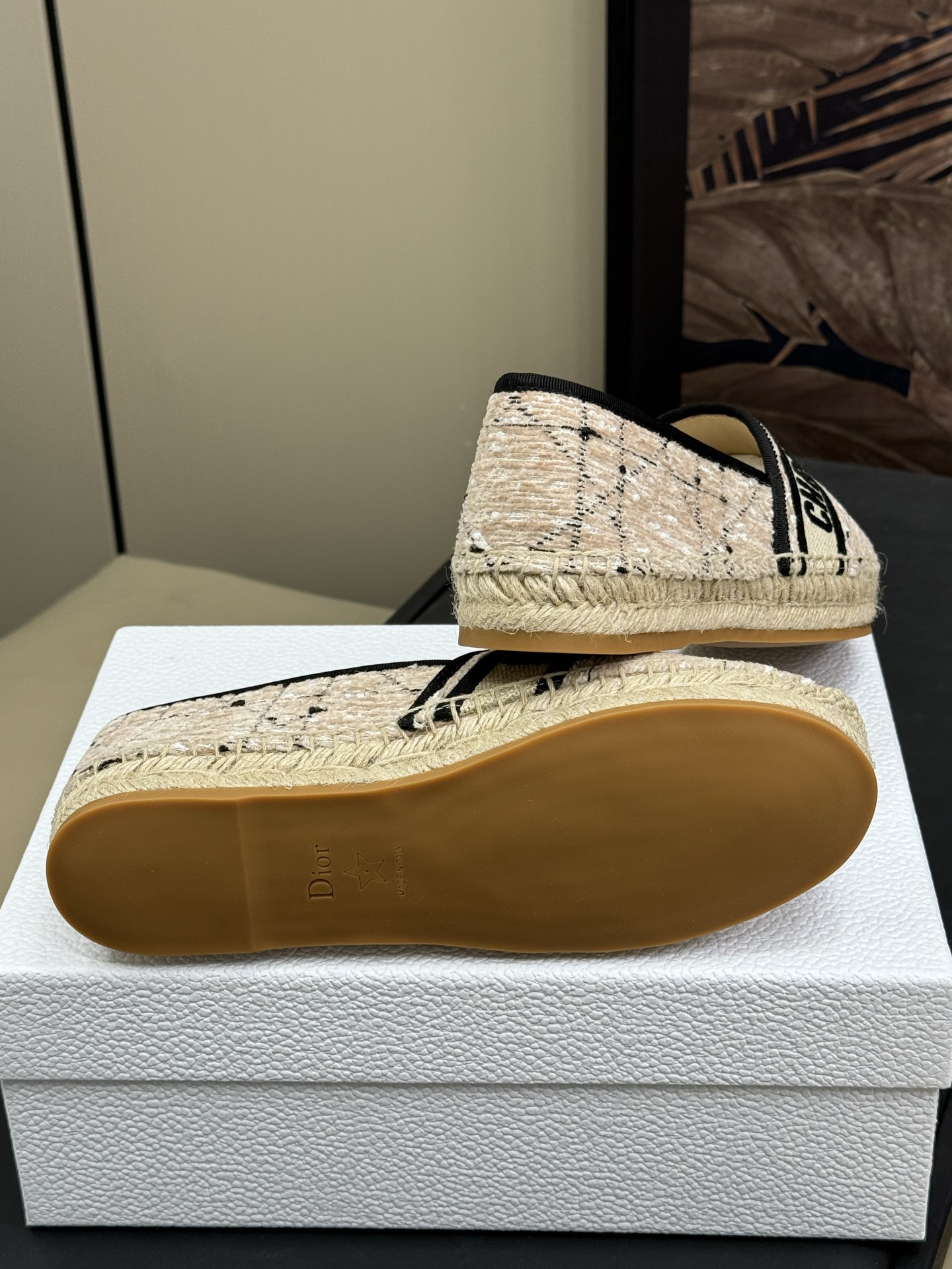 Bagsaaa D10r Granville Espadrille Beige and Black Cannage Tweed