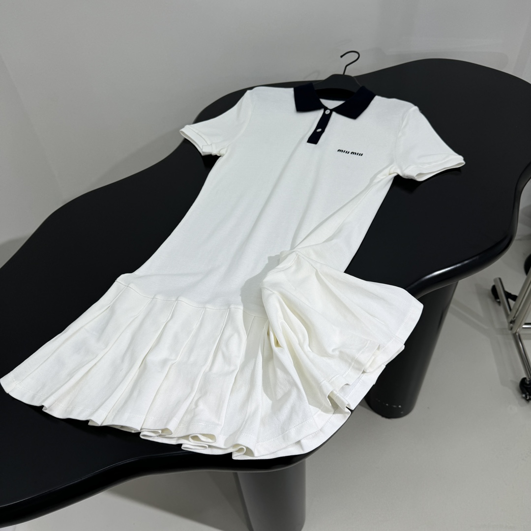 Bagsaaa Miu Miu Pleated cotton piqué mini-dress white