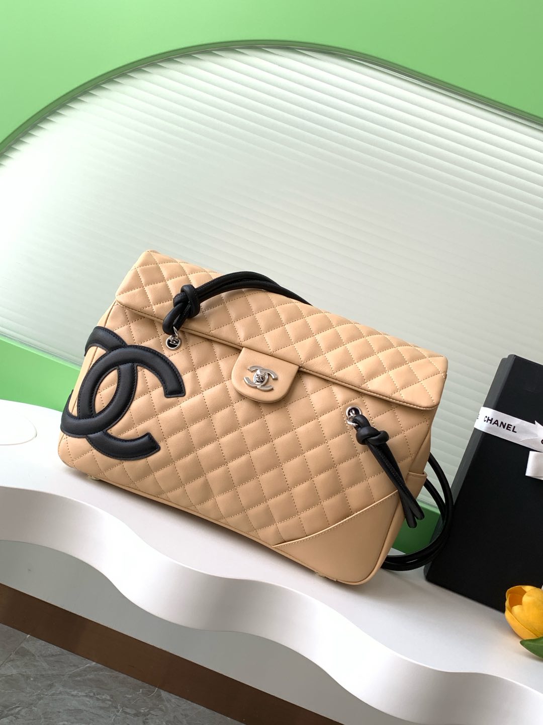 Bagsaaa Ch**el Quilted Cambon Ligne Large Flap Tote Bag Beige/Black - 33.5cm