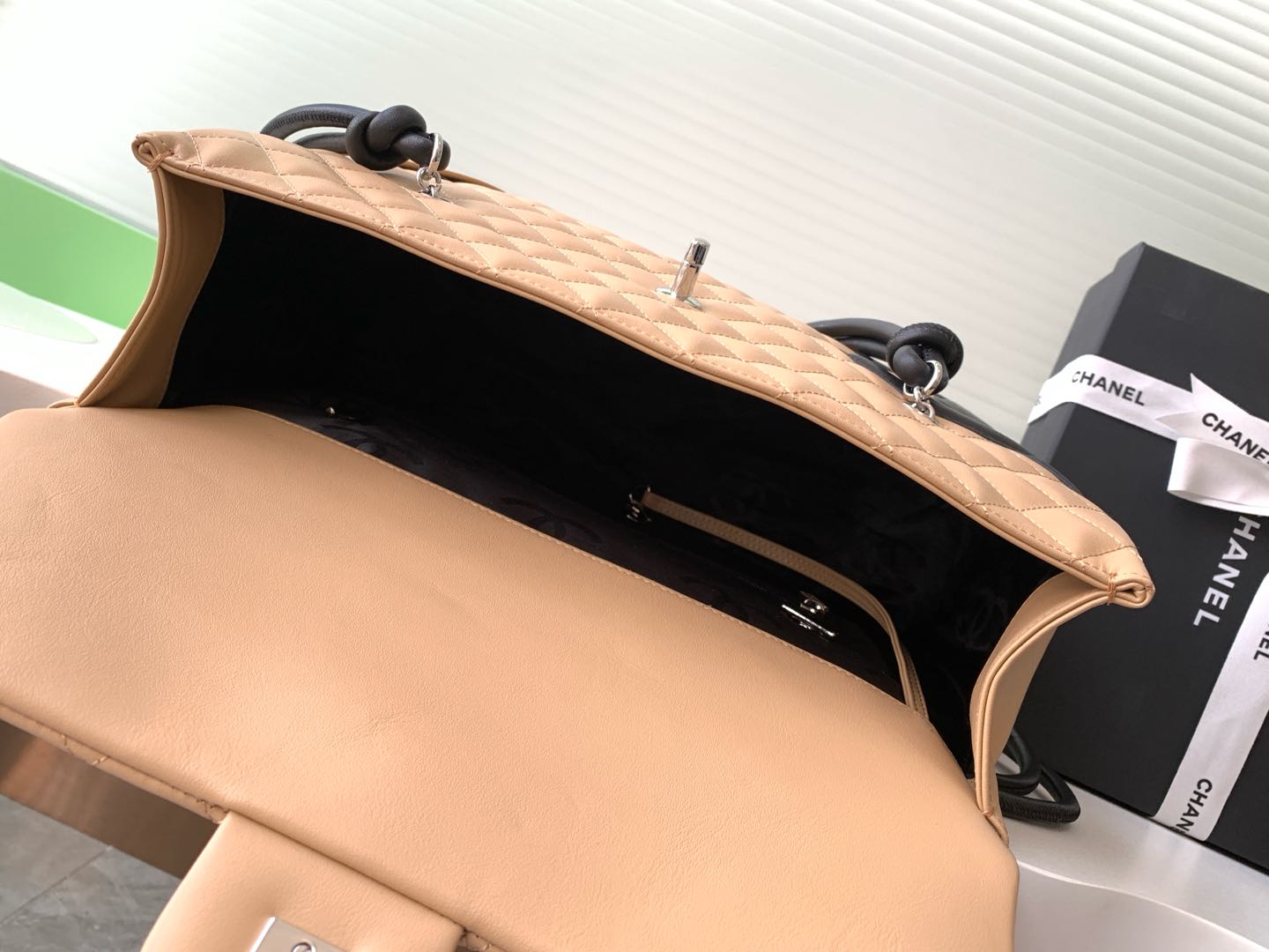 Bagsaaa Ch**el Quilted Cambon Ligne Large Flap Tote Bag Beige/Black - 33.5cm
