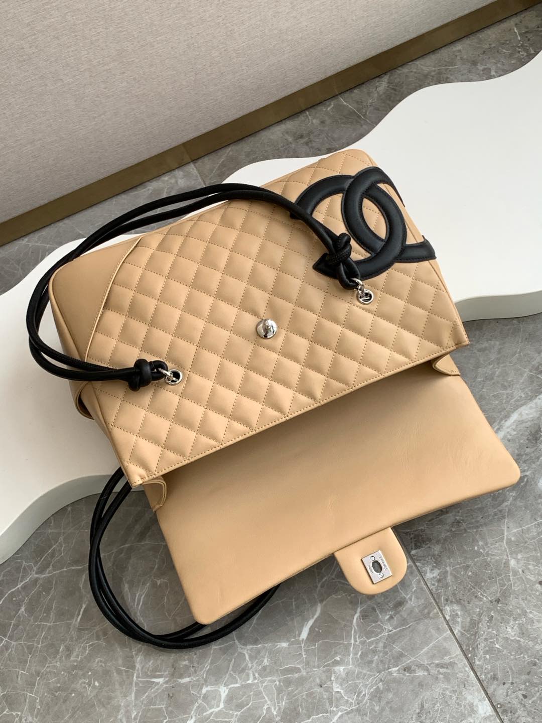Bagsaaa Ch**el Quilted Cambon Ligne Large Flap Tote Bag Beige/Black - 33.5cm