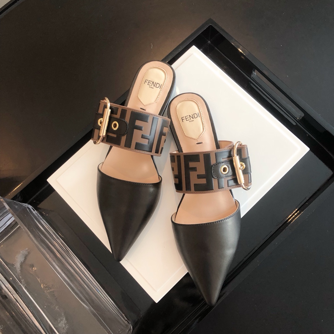 Bagsaaa F**di Black/Brown Leather FF Logo Buckle Mules