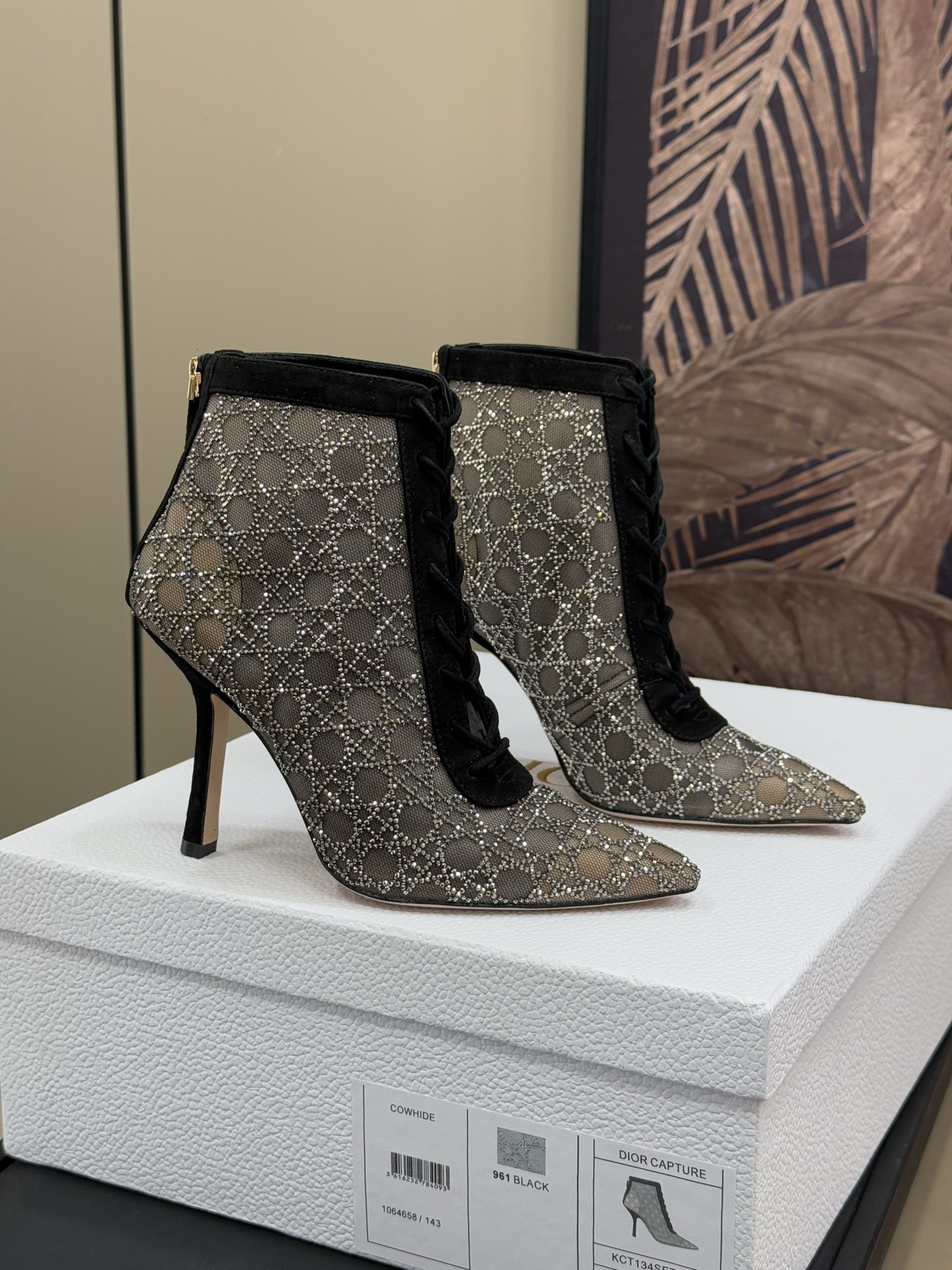 Bagsaaa D10r Capture Heeled Ankle Boot Transparent Mesh with Silver-Tone Strass Cannage Motif and Black Suede Goatskin