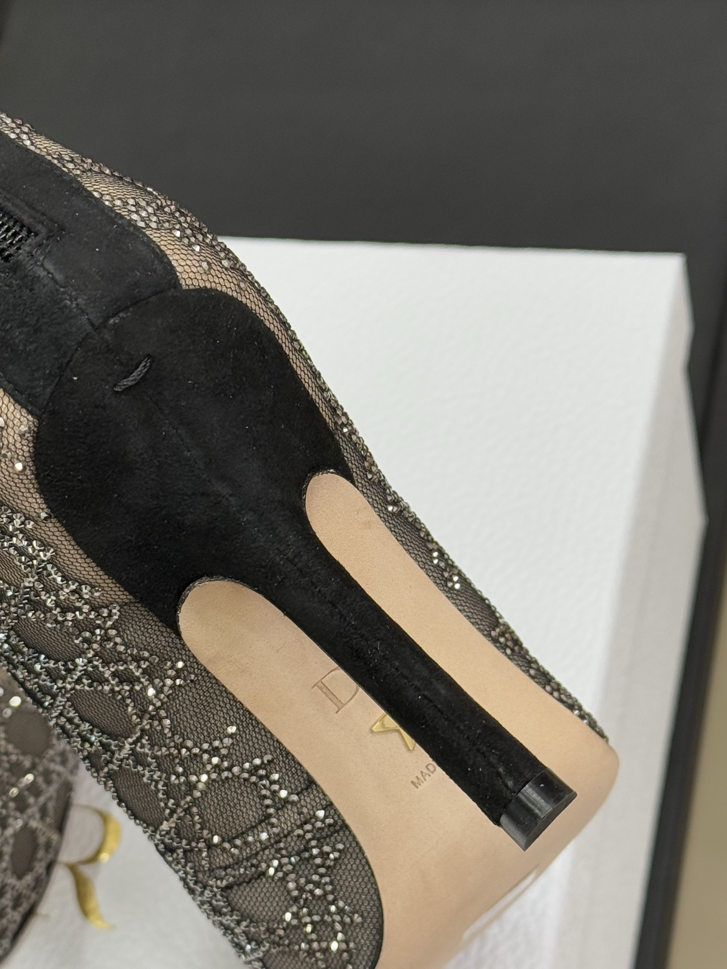 Bagsaaa D10r Capture Heeled Ankle Boot Transparent Mesh with Silver-Tone Strass Cannage Motif and Black Suede Goatskin