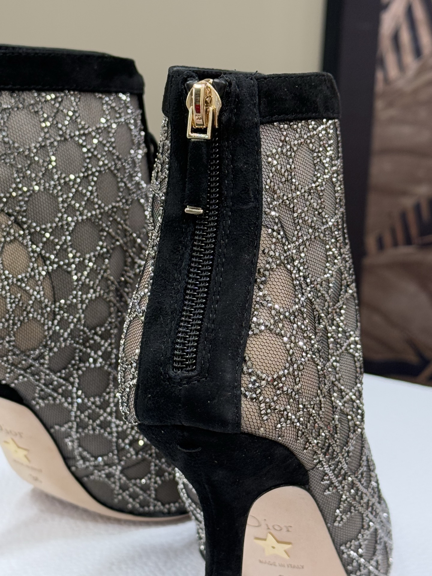Bagsaaa D10r Capture Heeled Ankle Boot Transparent Mesh with Silver-Tone Strass Cannage Motif and Black Suede Goatskin