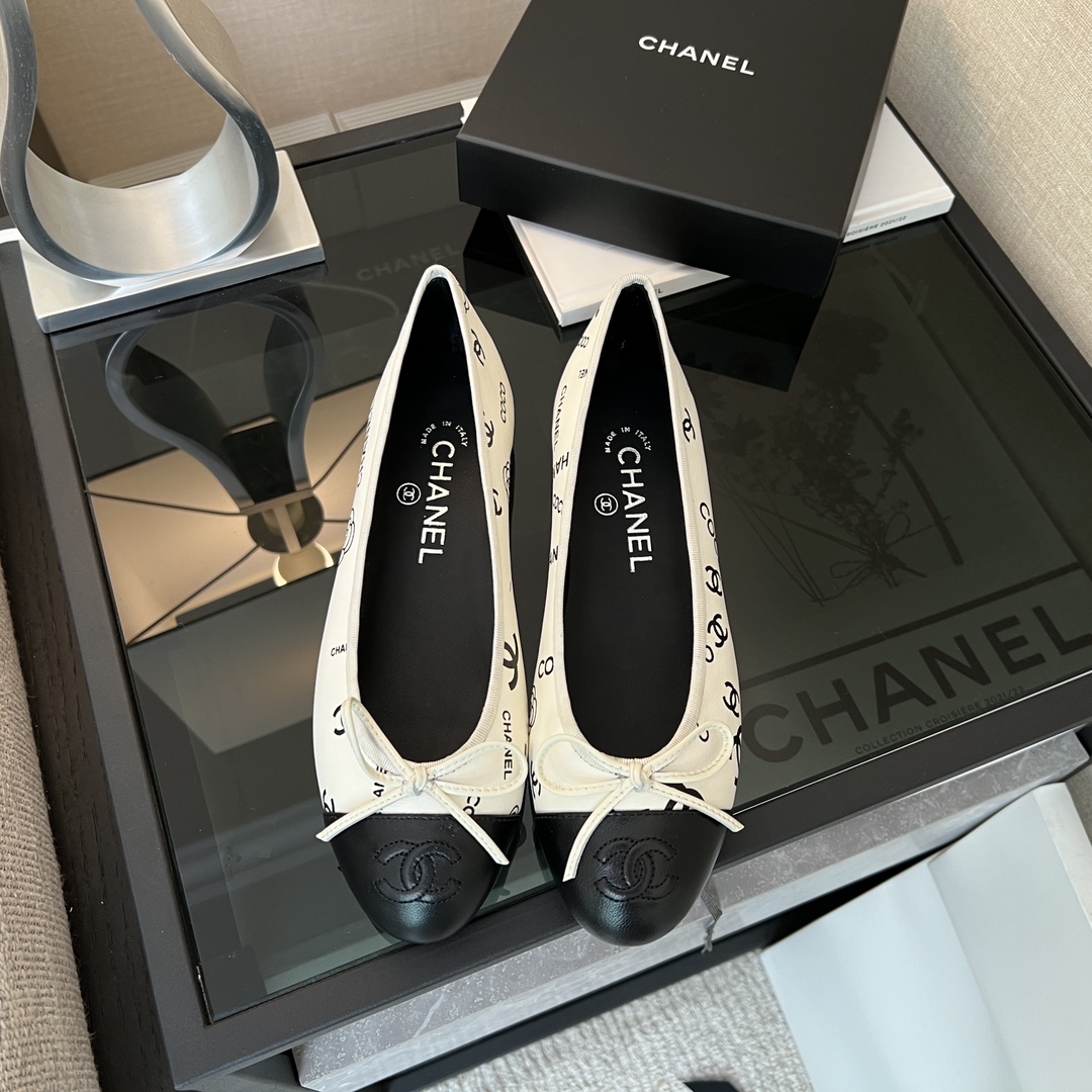 Bagsaaa Ch**el 23P White Black CC Logo Bow Tie Ballet Flat