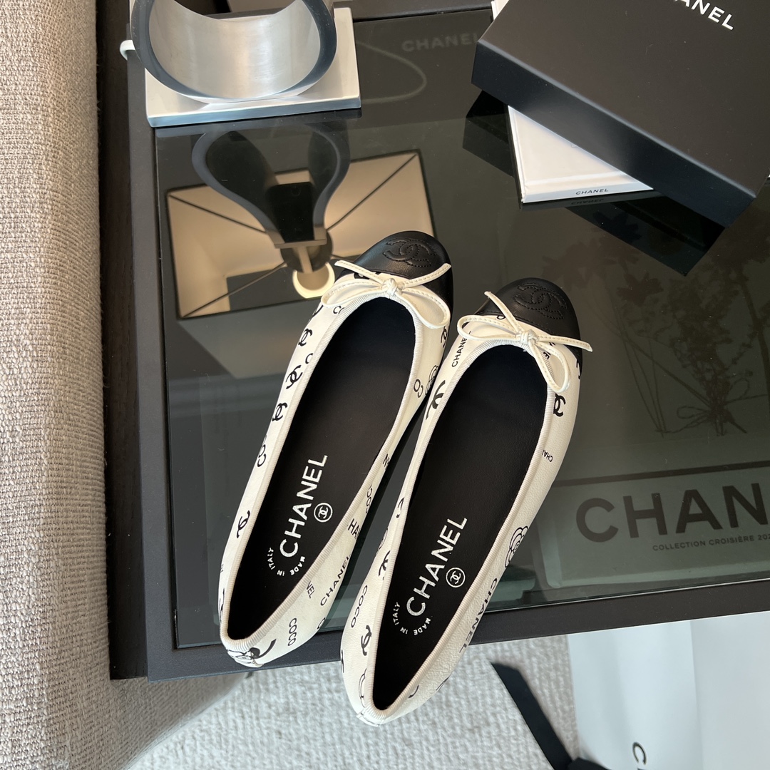 Bagsaaa Ch**el 23P White Black CC Logo Bow Tie Ballet Flat