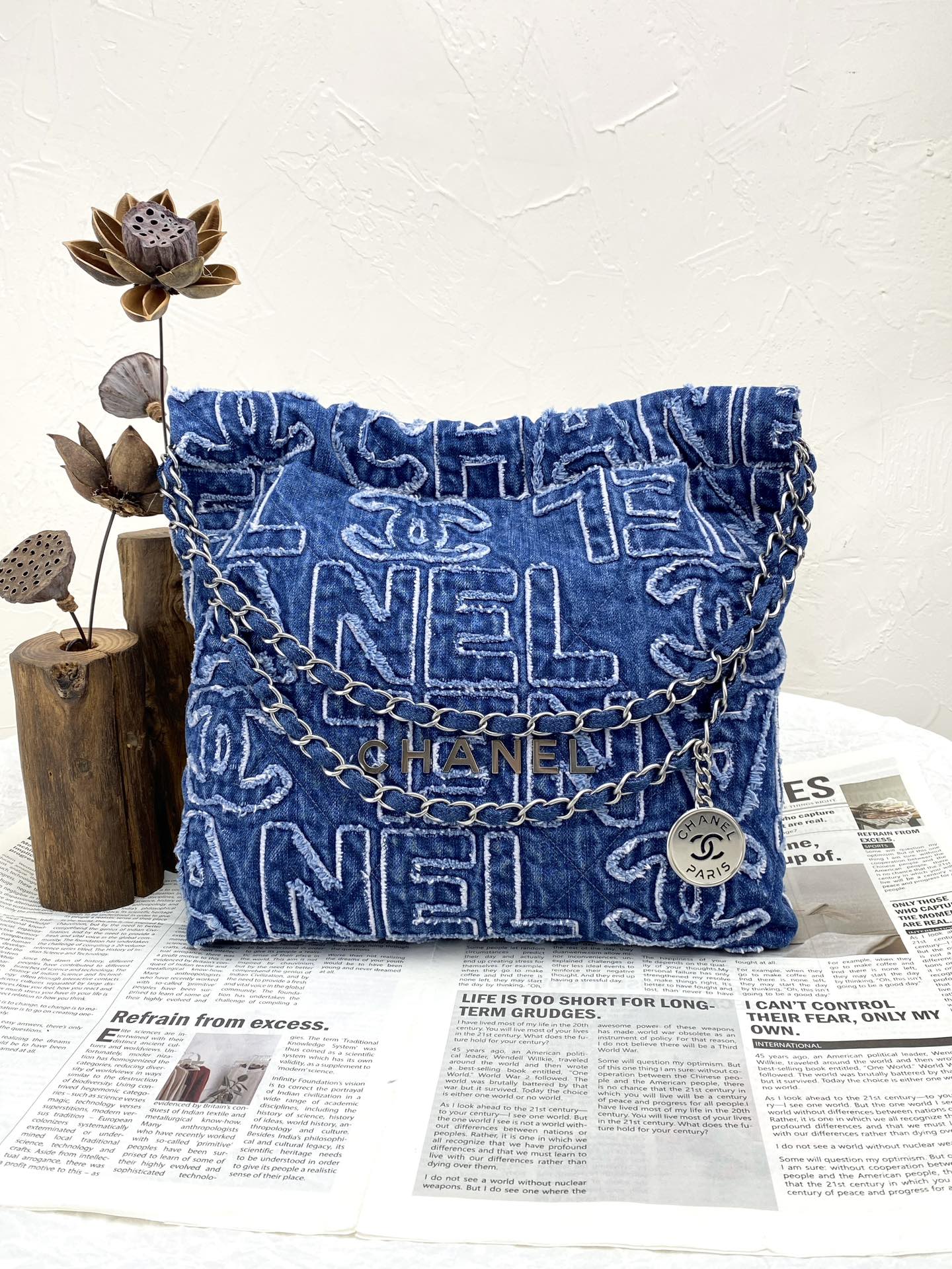 Bagsaaa Ch**el 22 Patchwork Shoulder Bag Denim Blue AS3260 - 35 × 37 × 7 cm