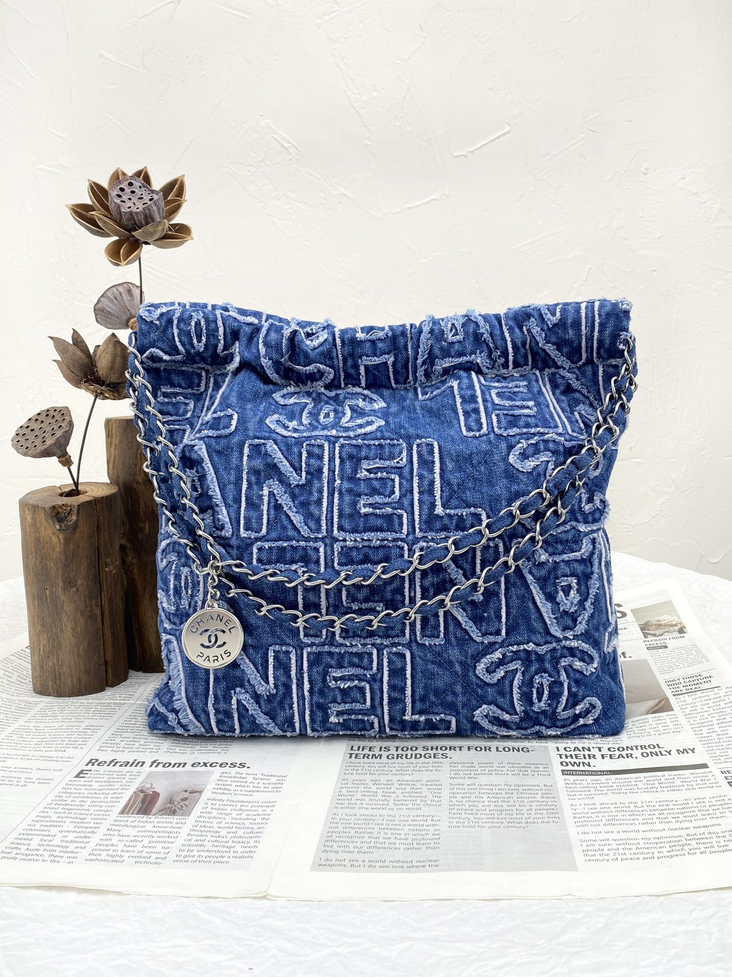 Bagsaaa Ch**el 22 Patchwork Shoulder Bag Denim Blue AS3260 - 35 × 37 × 7 cm