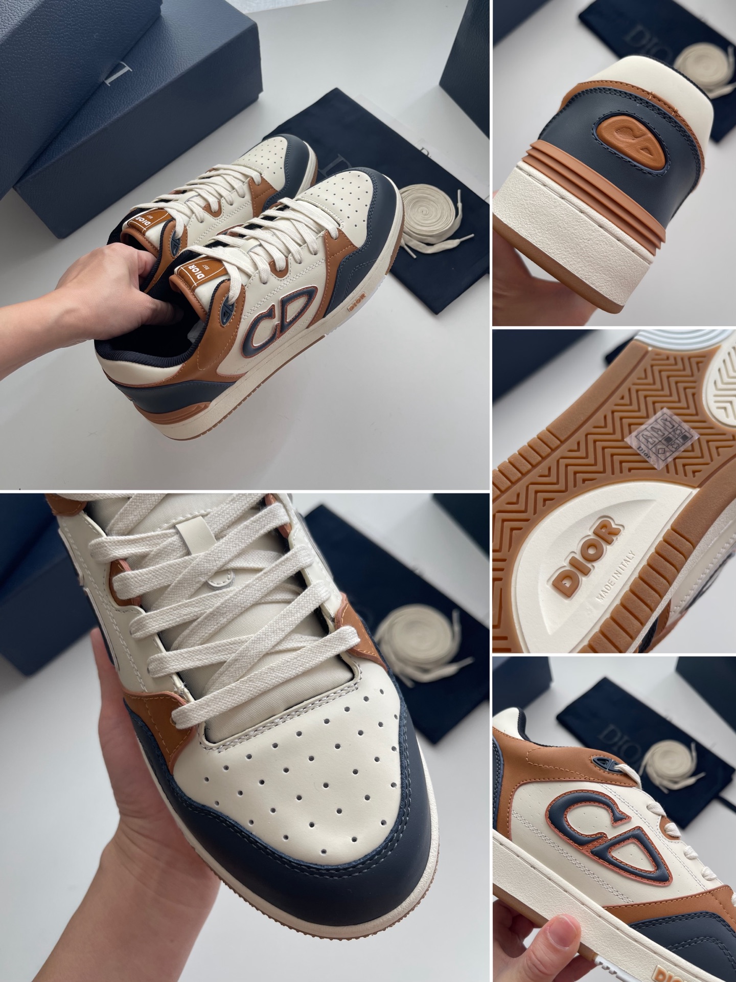 Bagsaaa D10r B57 Dribble Low-Top Sneaker Navy Blue and Cream Smooth Calfskin with Brown Suede
