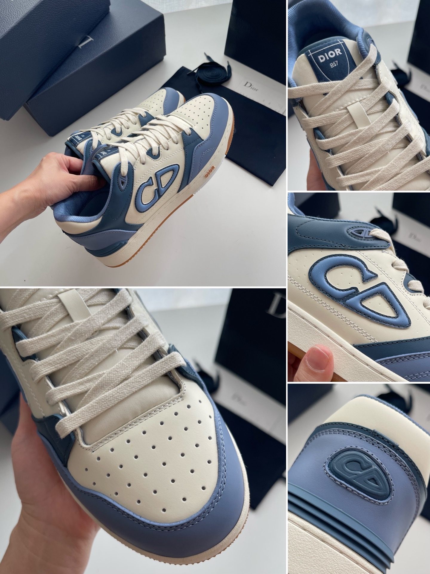 Bagsaaa D10r B57 Dribble Low-Top Sneaker Blue and Cream Smooth Calfskin with Blue Suede