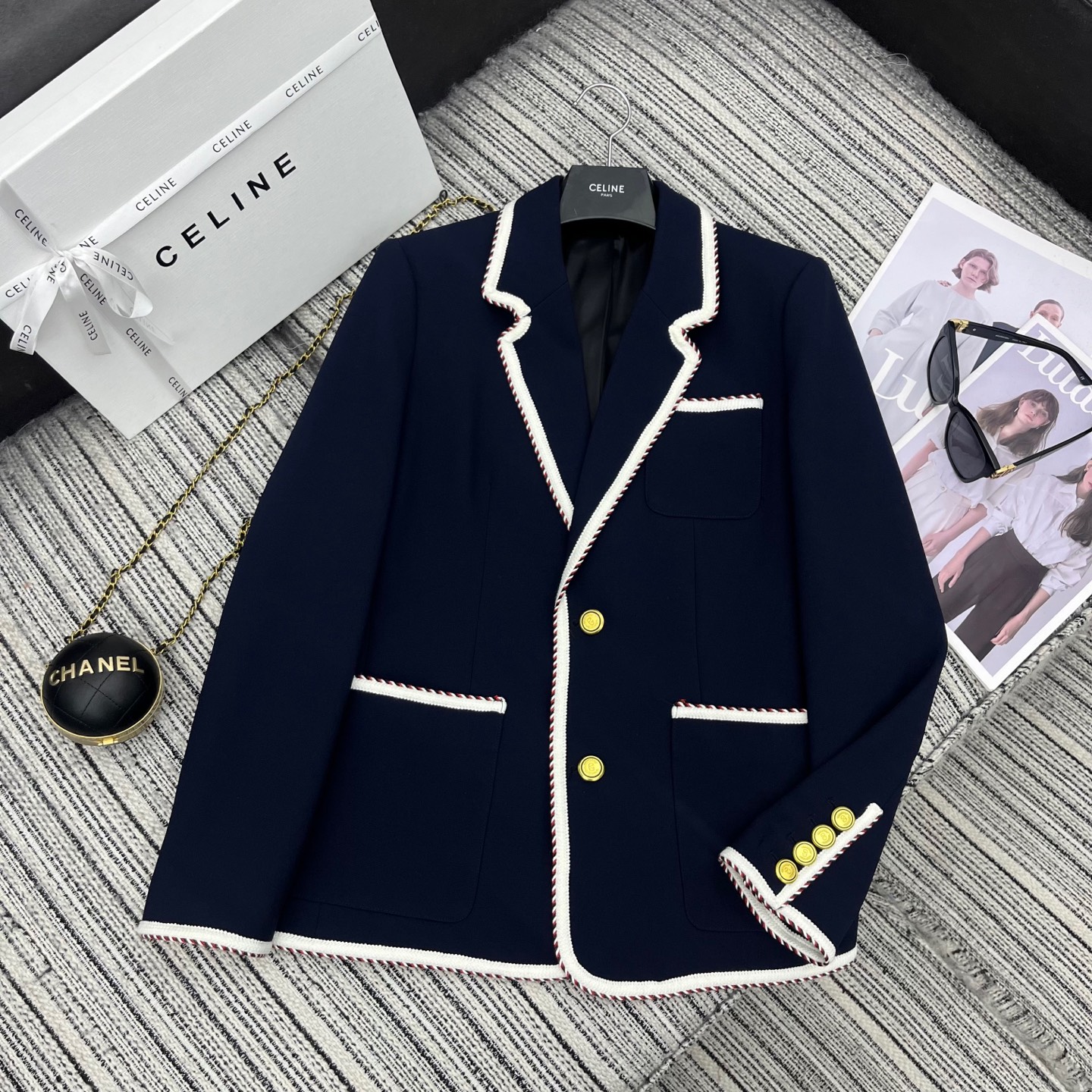 Bagsaaa Va1e*ntin0 Single-Breasted Jersey Cotton Jacket With Torchon Piping Navy
