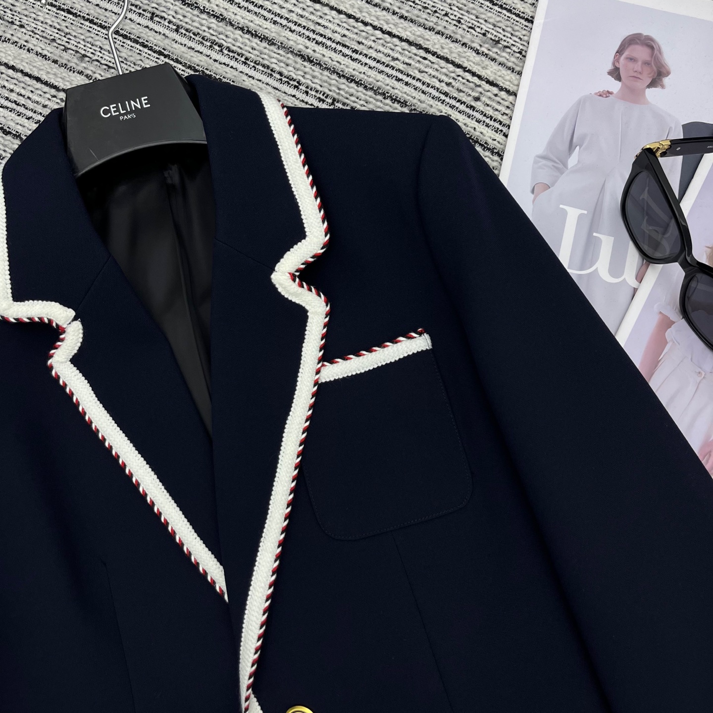 Bagsaaa Va1e*ntin0 Single-Breasted Jersey Cotton Jacket With Torchon Piping Navy