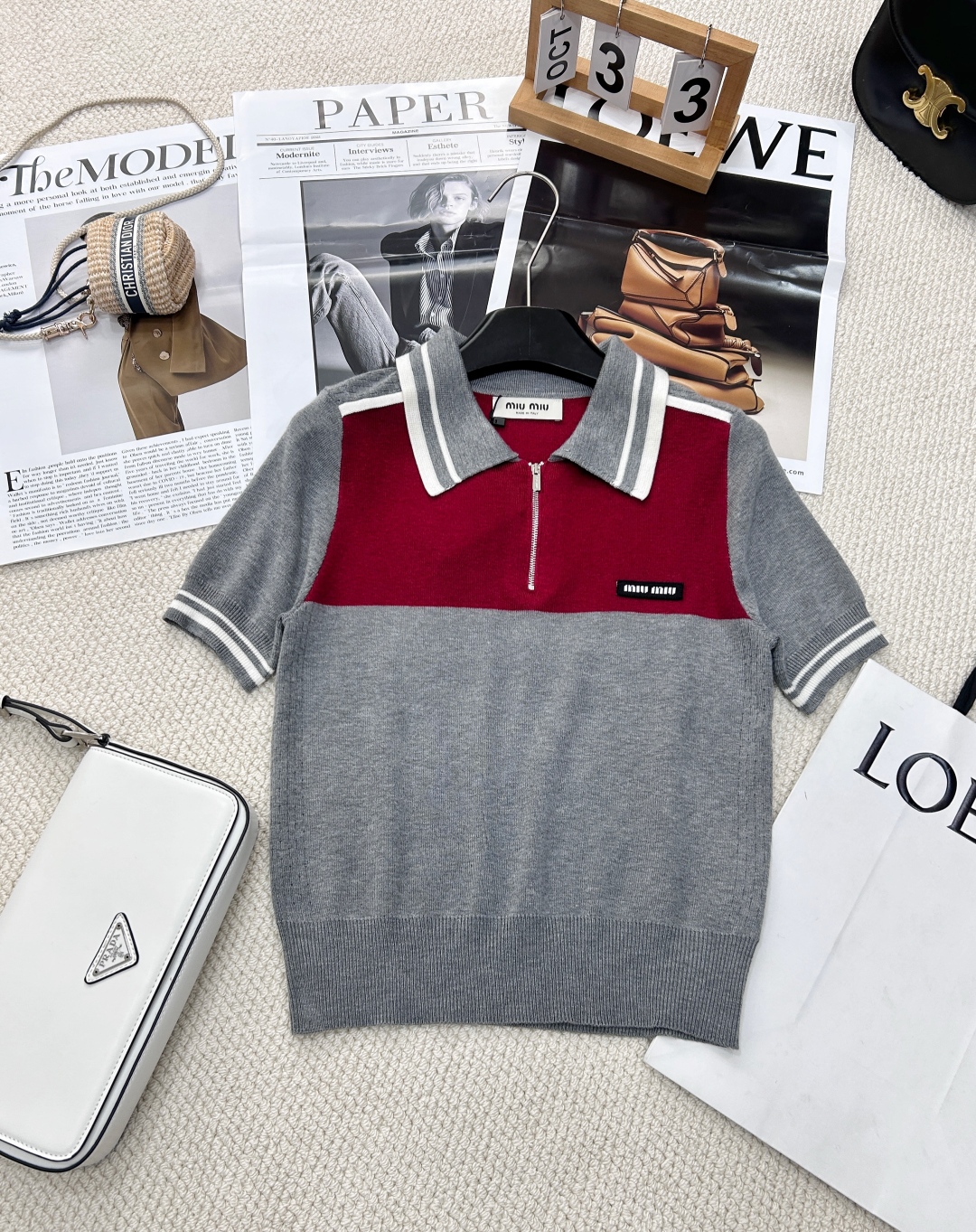 Bagsaaa Miu Miu Cotton and silk polo shirt gray & red