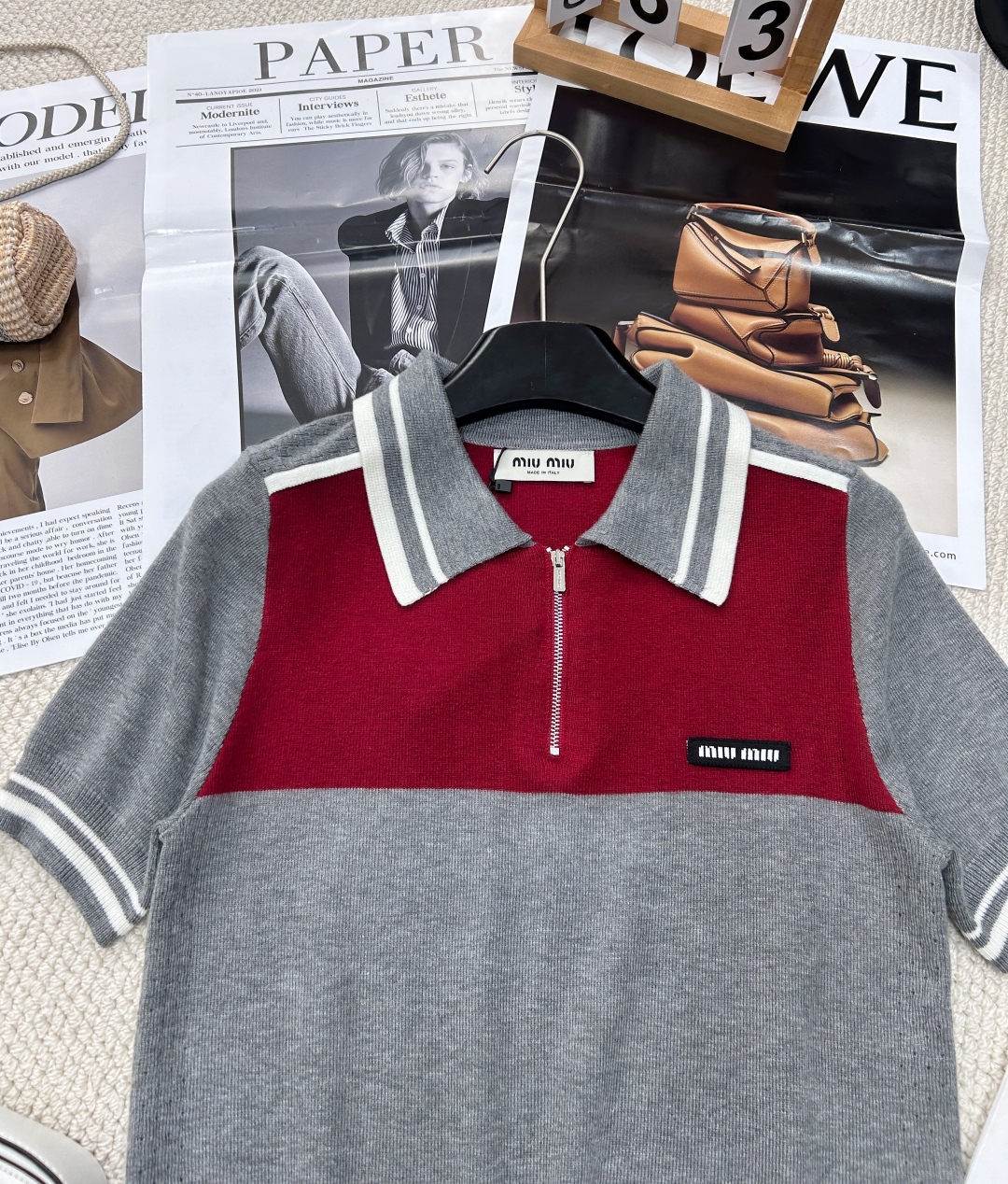 Bagsaaa Miu Miu Cotton and silk polo shirt gray & red