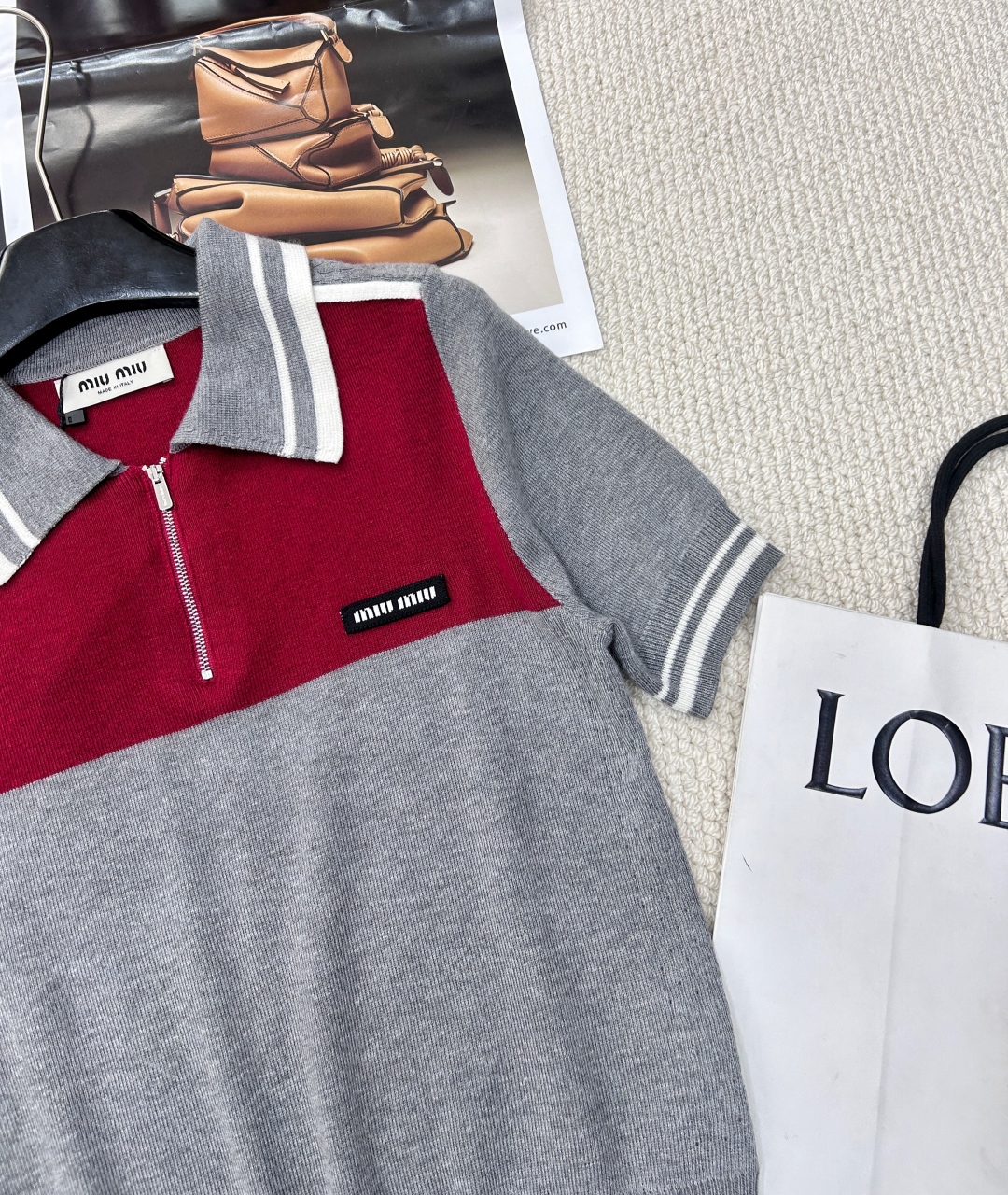 Bagsaaa Miu Miu Cotton and silk polo shirt gray & red