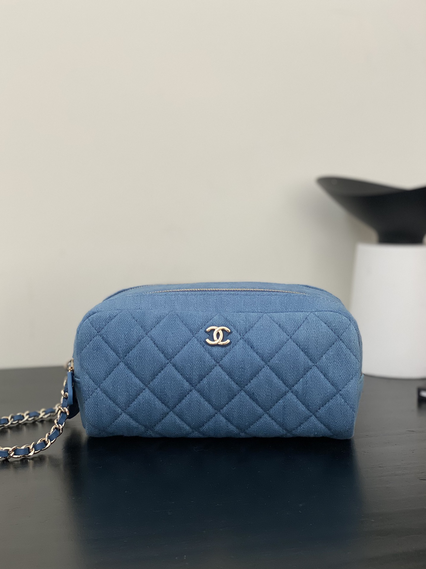 Bagsaaa Ch**el Quilted Denim Cosmetic Pouch - 18cm