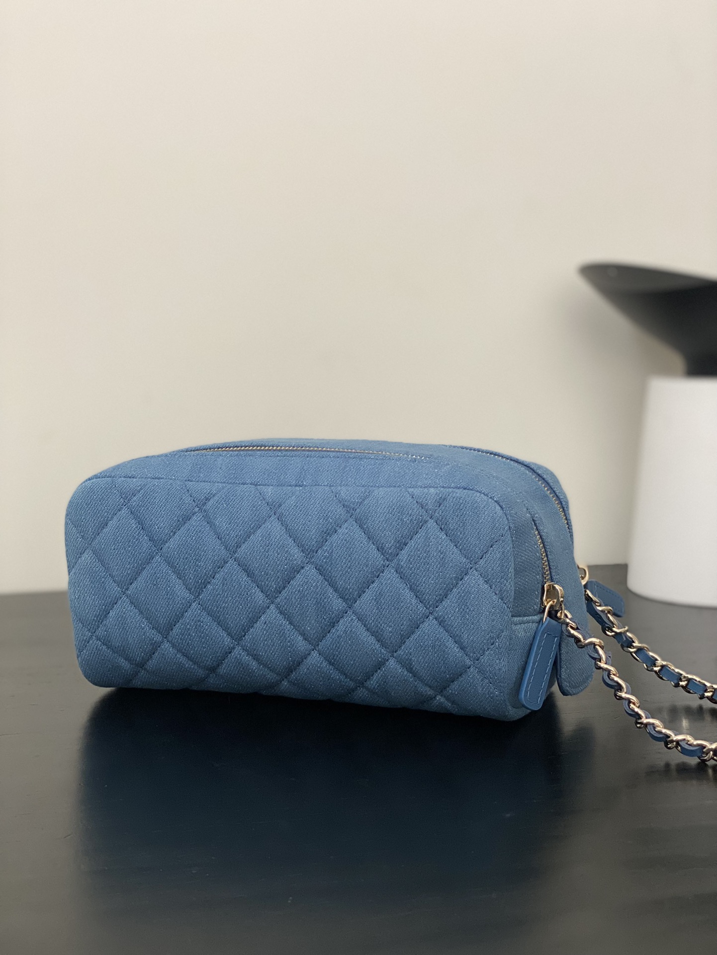 Bagsaaa Ch**el Quilted Denim Cosmetic Pouch - 18cm