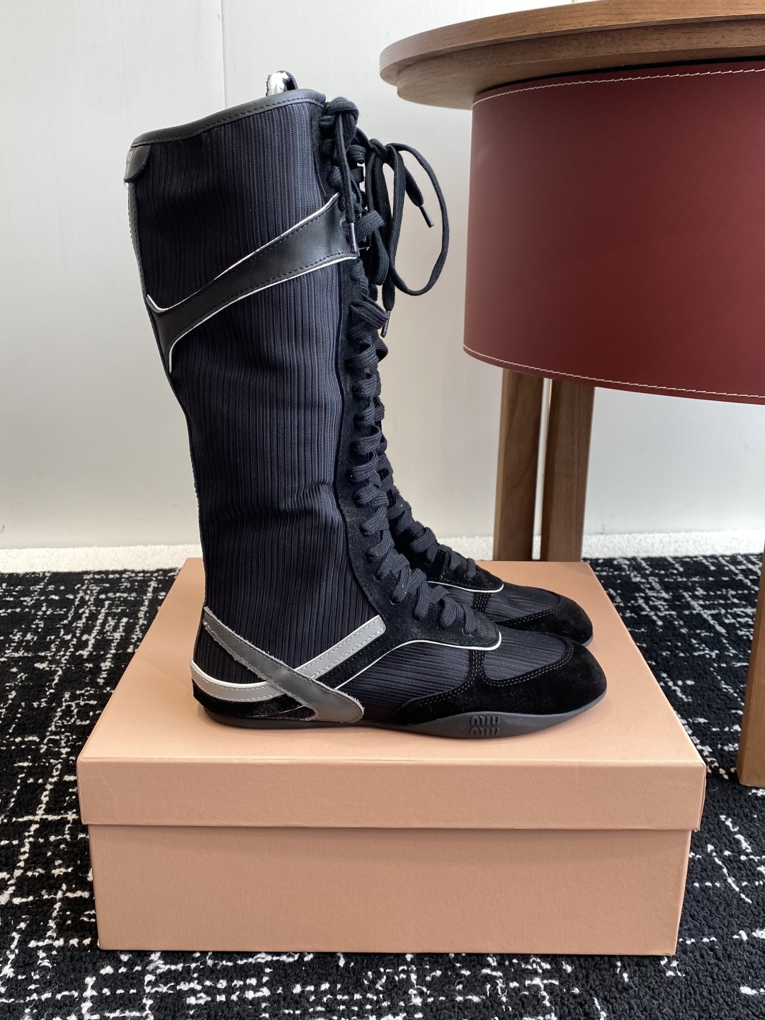 Bagsaaa Miu Miu Gymnasium technical fabric and suede boxeur boots black