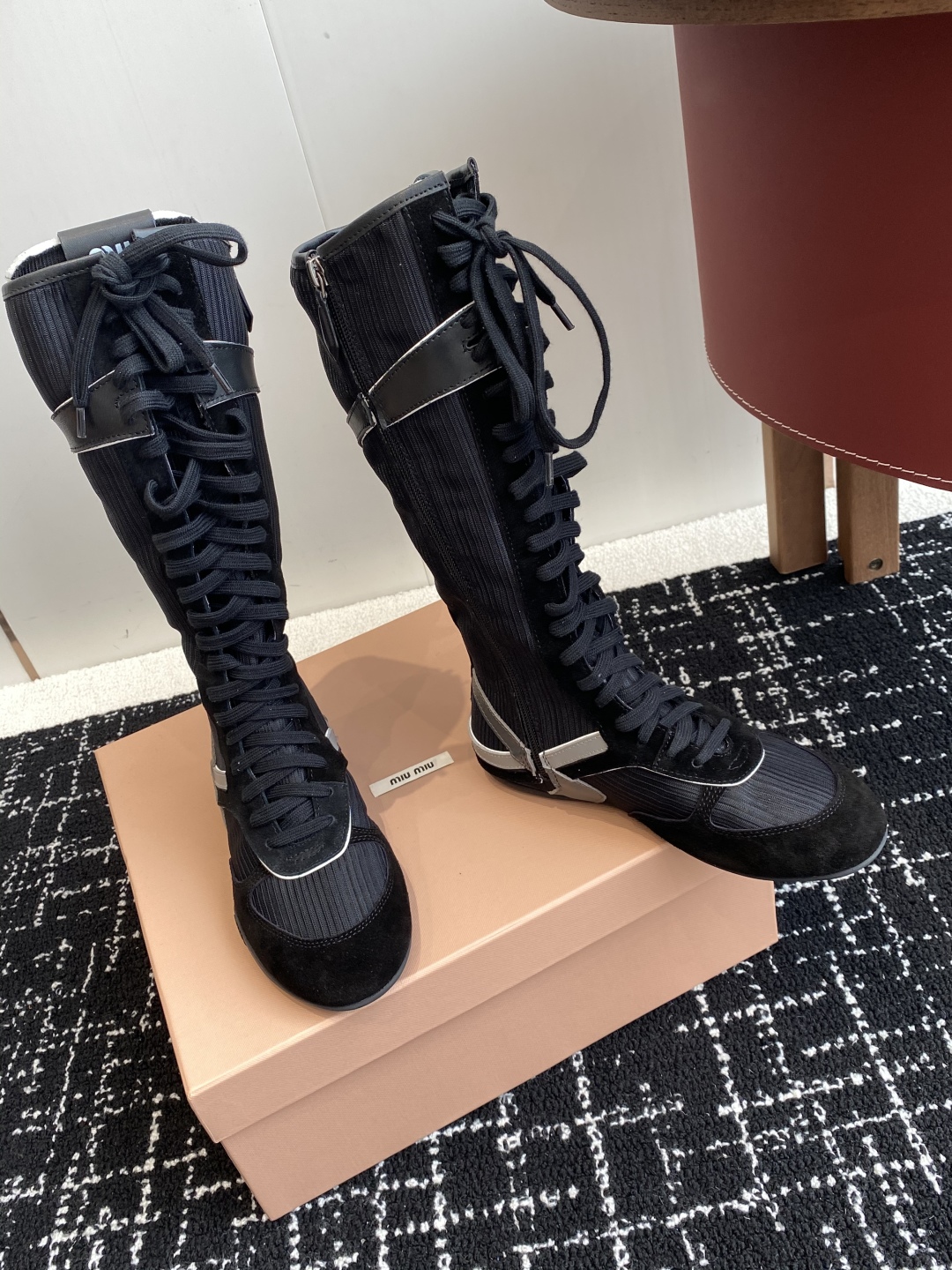 Bagsaaa Miu Miu Gymnasium technical fabric and suede boxeur boots black