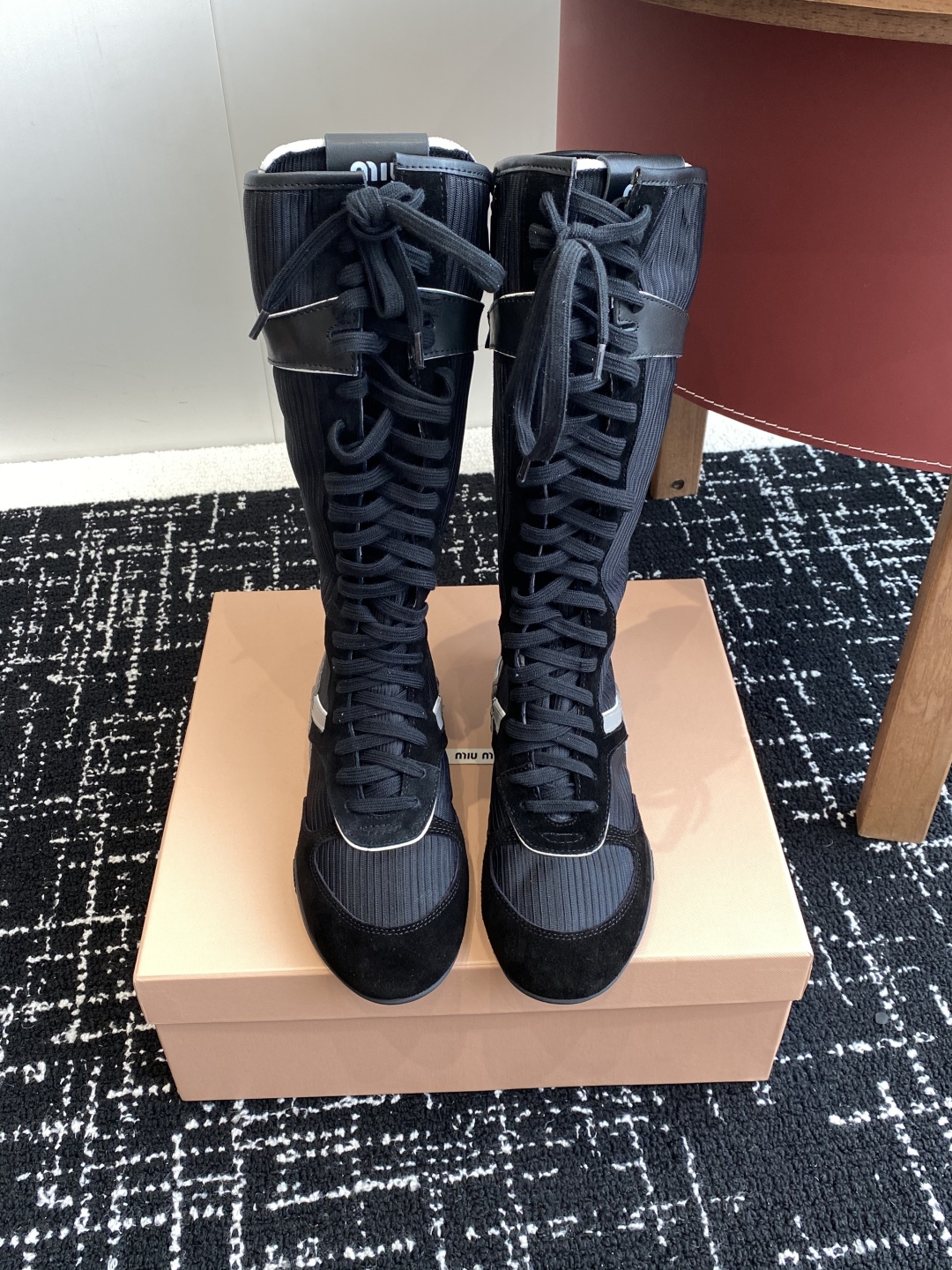 Bagsaaa Miu Miu Gymnasium technical fabric and suede boxeur boots black