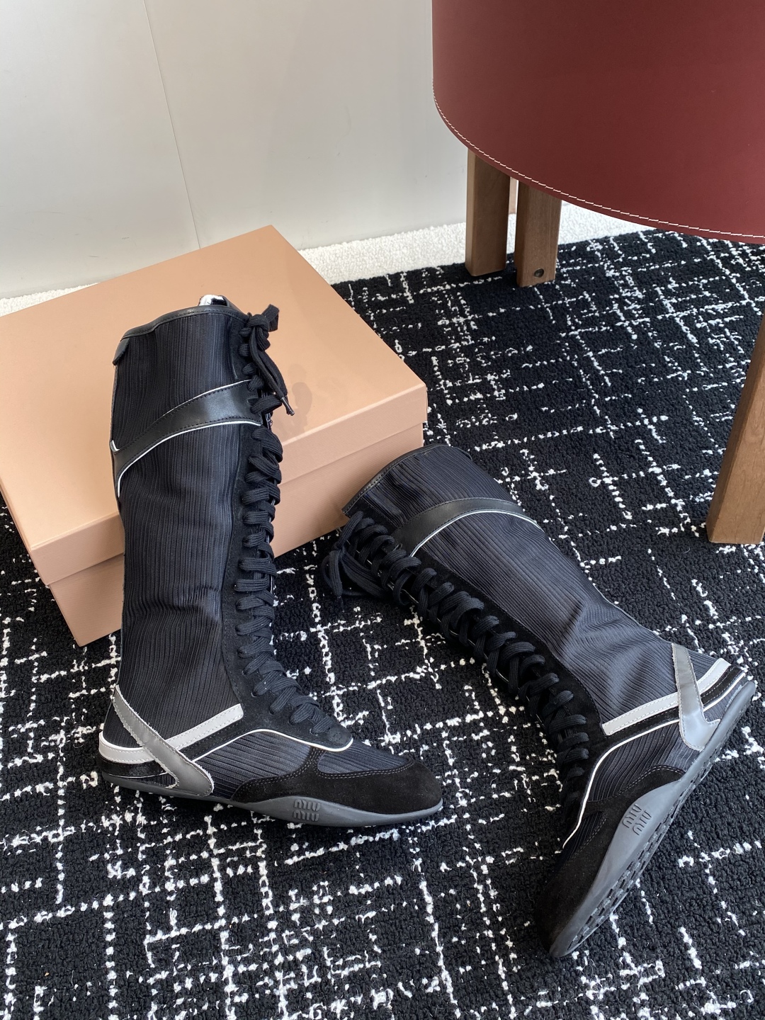 Bagsaaa Miu Miu Gymnasium technical fabric and suede boxeur boots black