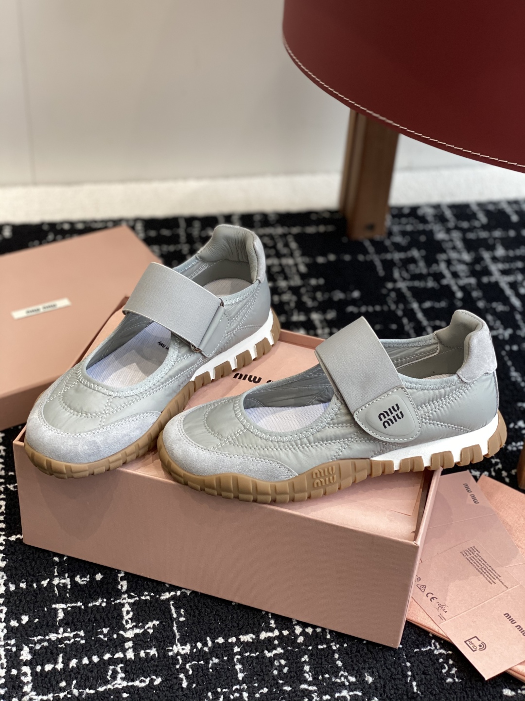 Bagsaaa Miu Miu Tyre technical fabric and suede ballerinas gray