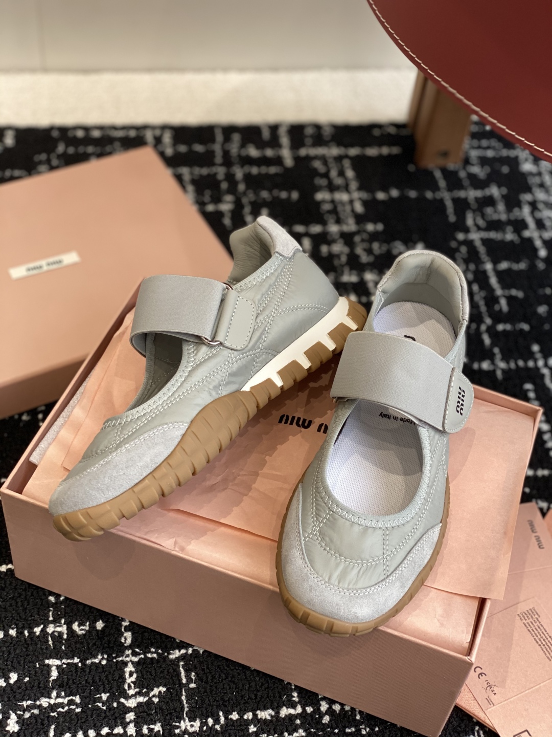 Bagsaaa Miu Miu Tyre technical fabric and suede ballerinas gray