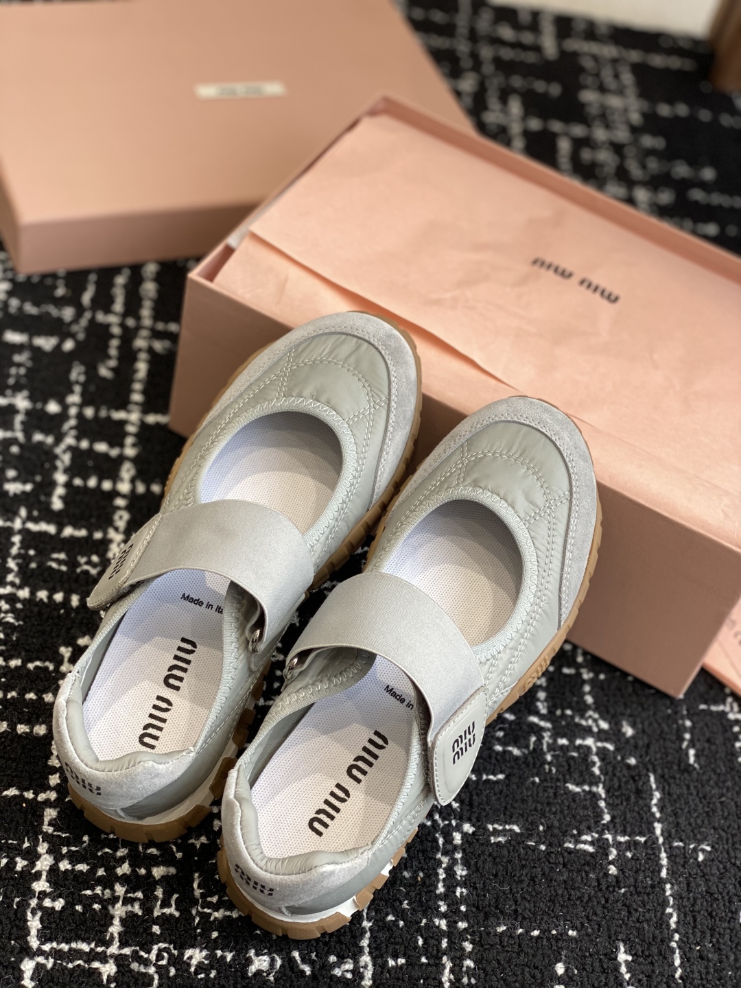Bagsaaa Miu Miu Tyre technical fabric and suede ballerinas gray