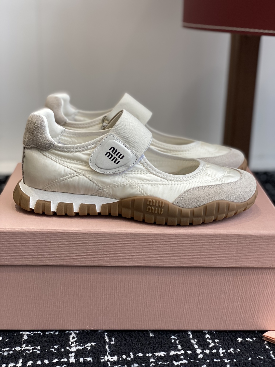 Bagsaaa Miu Miu Tyre technical fabric and suede ballerinas ivory