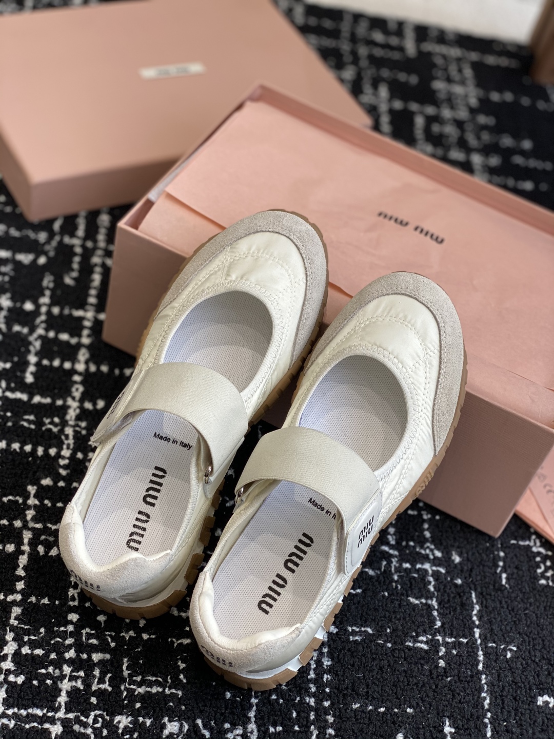 Bagsaaa Miu Miu Tyre technical fabric and suede ballerinas ivory