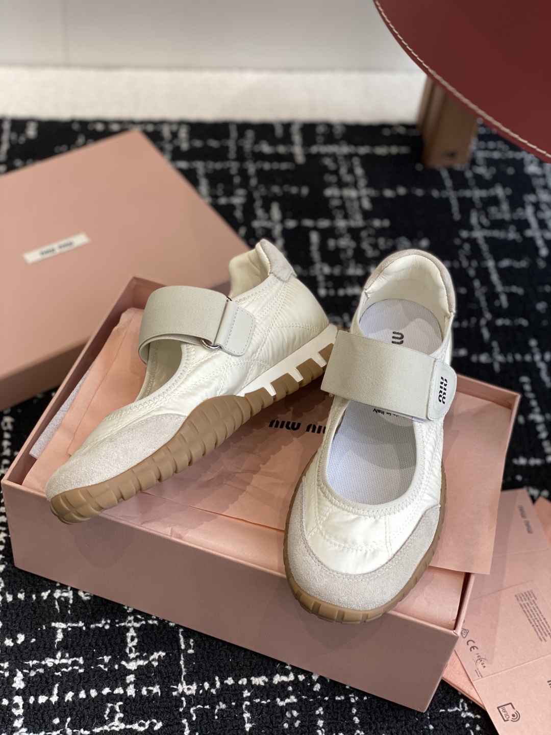 Bagsaaa Miu Miu Tyre technical fabric and suede ballerinas ivory