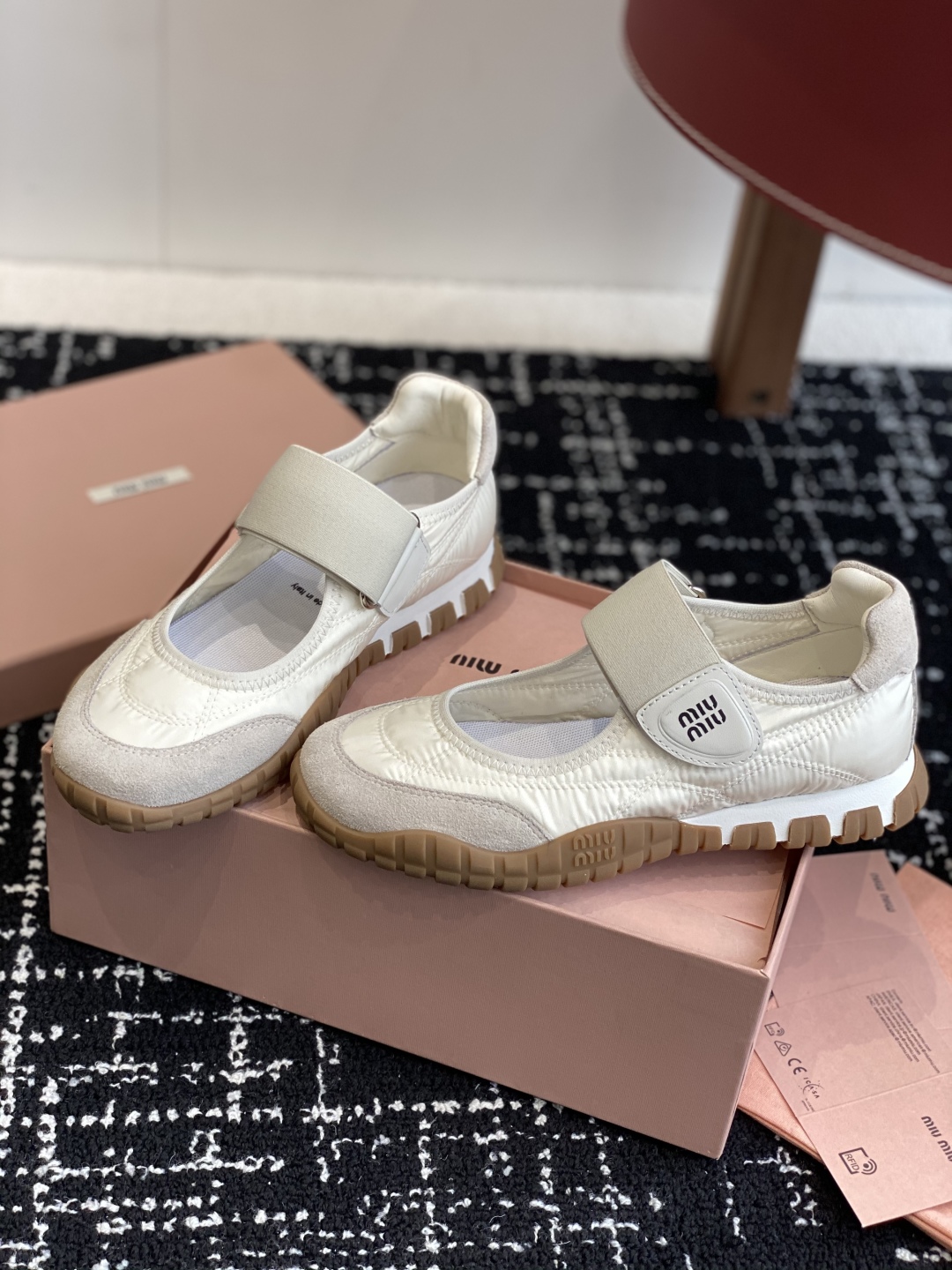 Bagsaaa Miu Miu Tyre technical fabric and suede ballerinas ivory