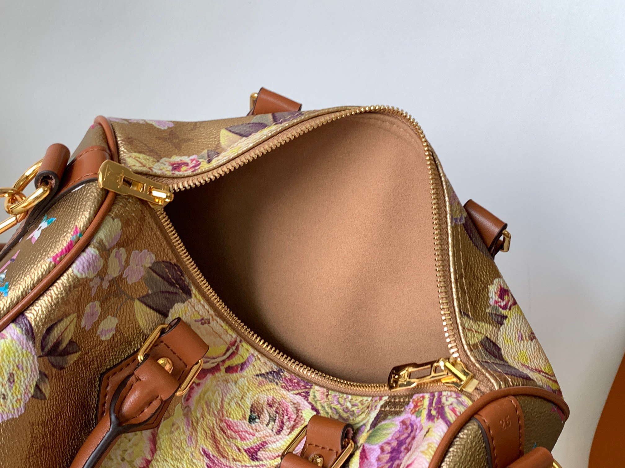 Bagsaaa L0vis Vvtt0n Gold Canvas Garden Flowers Speedy 25cm