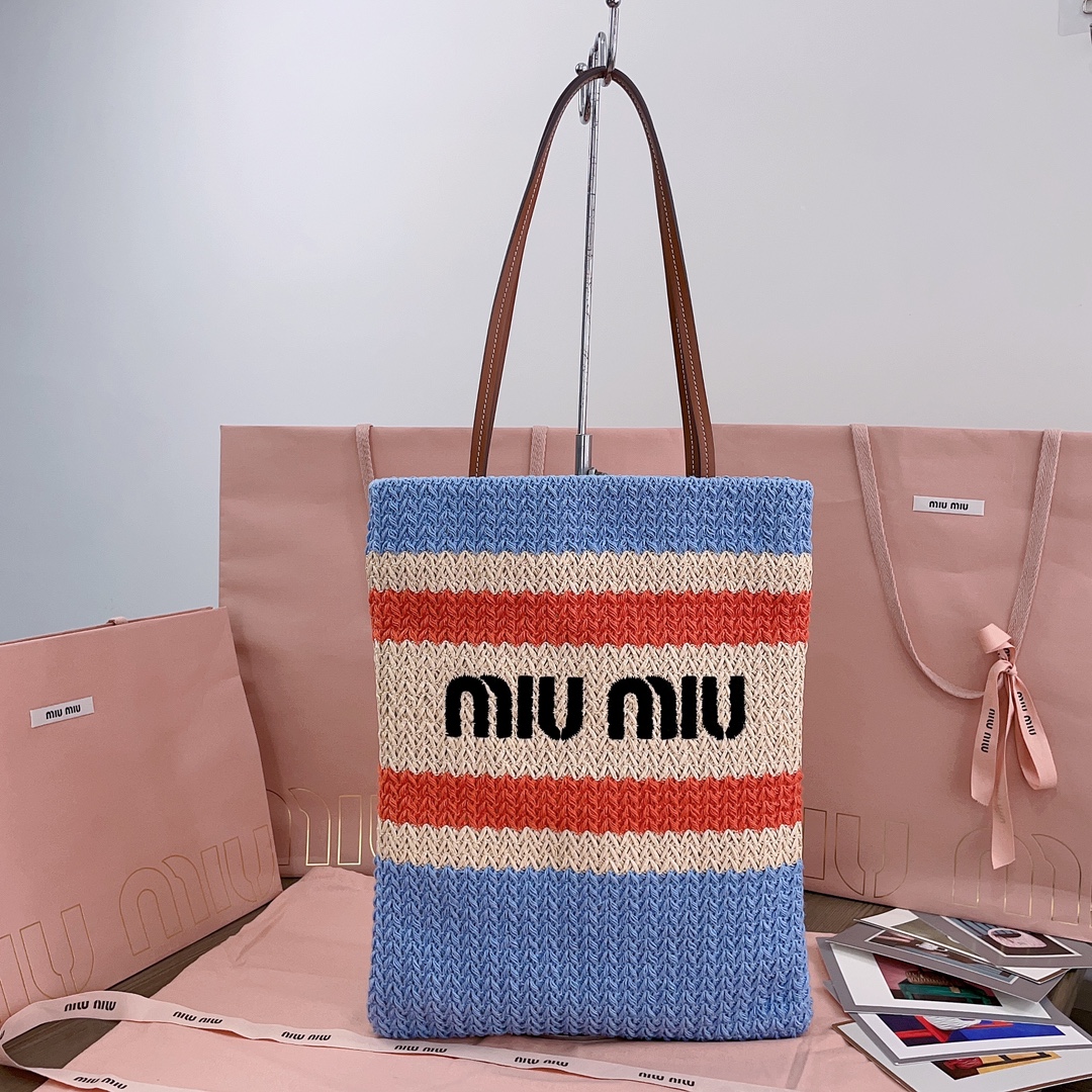 Bagsaaa Miu Miu Tessuto Striped Raffia Tote Bag - 38cm