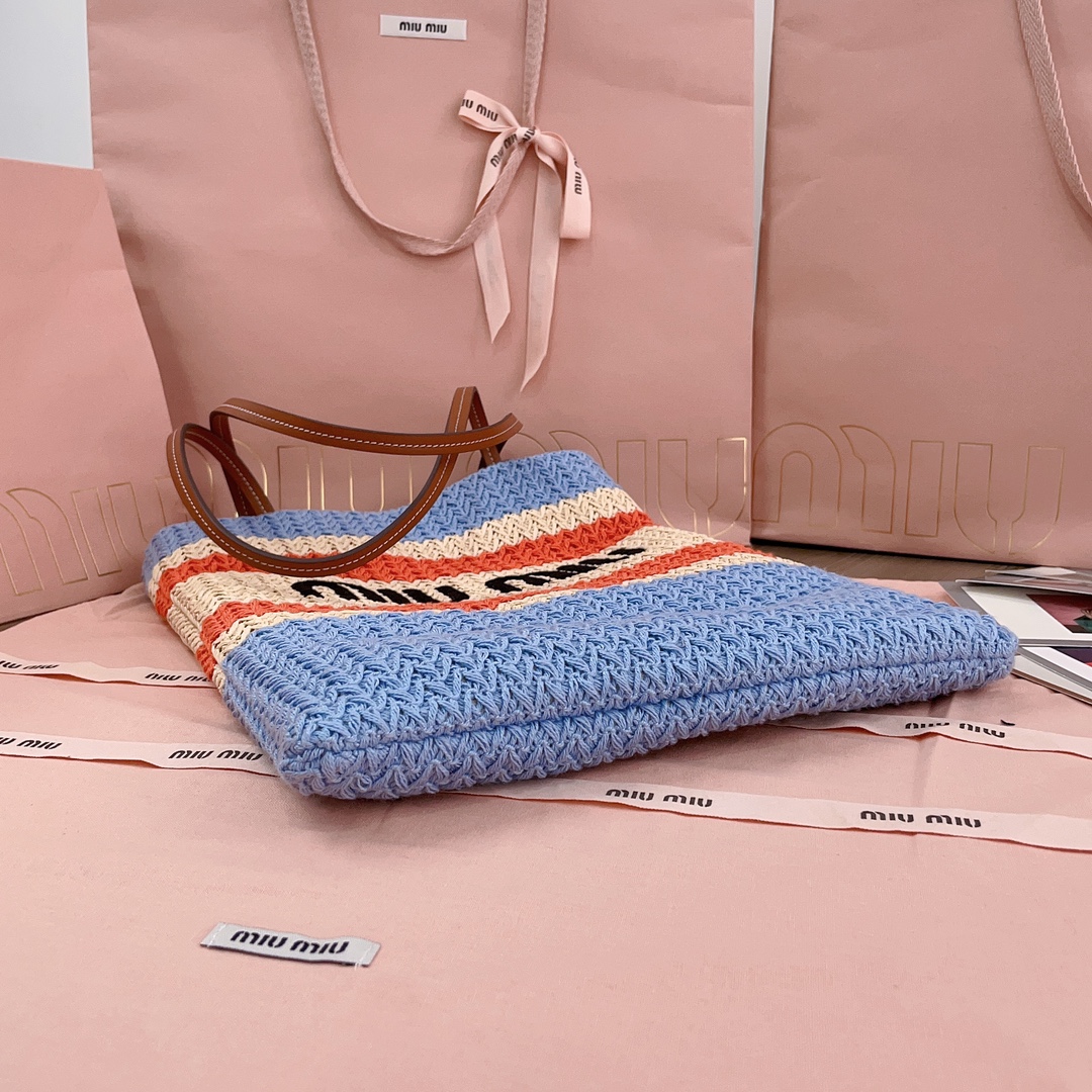 Bagsaaa Miu Miu Tessuto Striped Raffia Tote Bag - 38cm