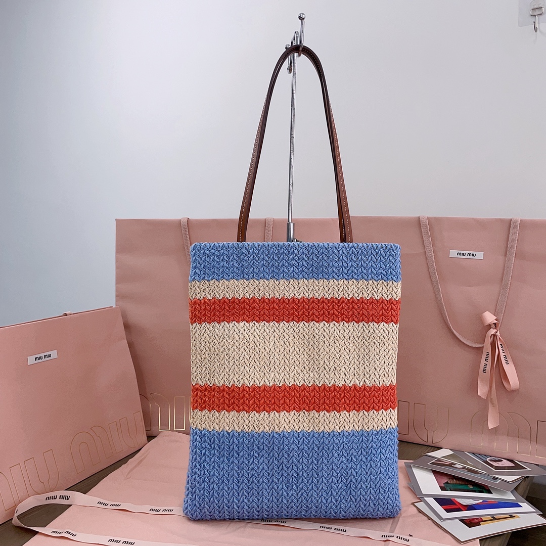 Bagsaaa Miu Miu Tessuto Striped Raffia Tote Bag - 38cm