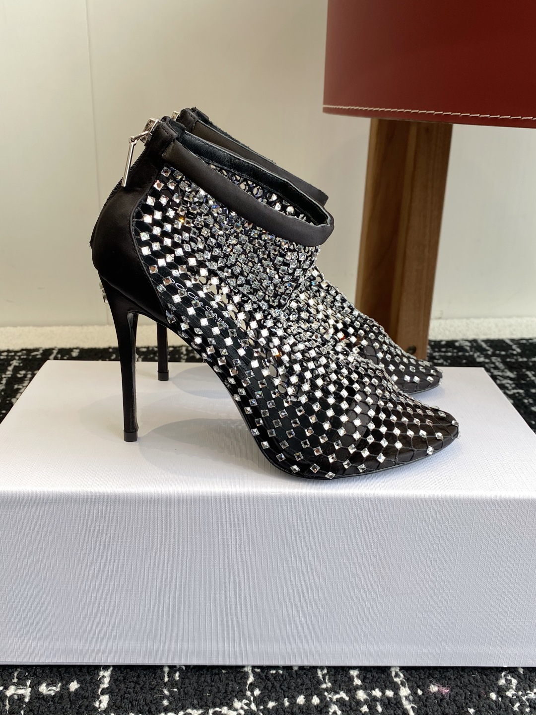 Bagsaaa D&G calfskin and rhinestone-detailed mesh Lollo pumps black