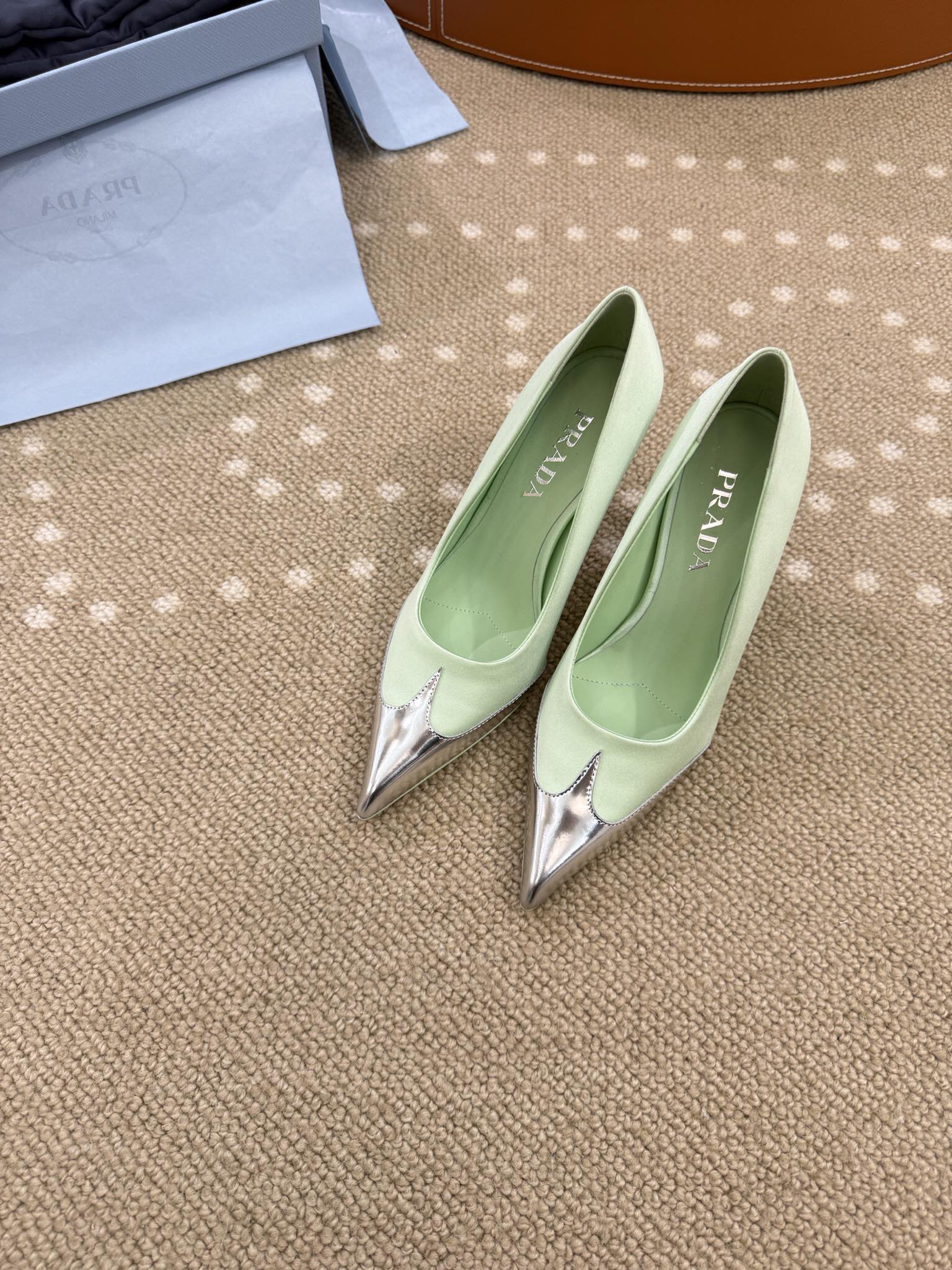 Bagsaaa Pra*a Satin and metallic leather pumps mint 8.5cm