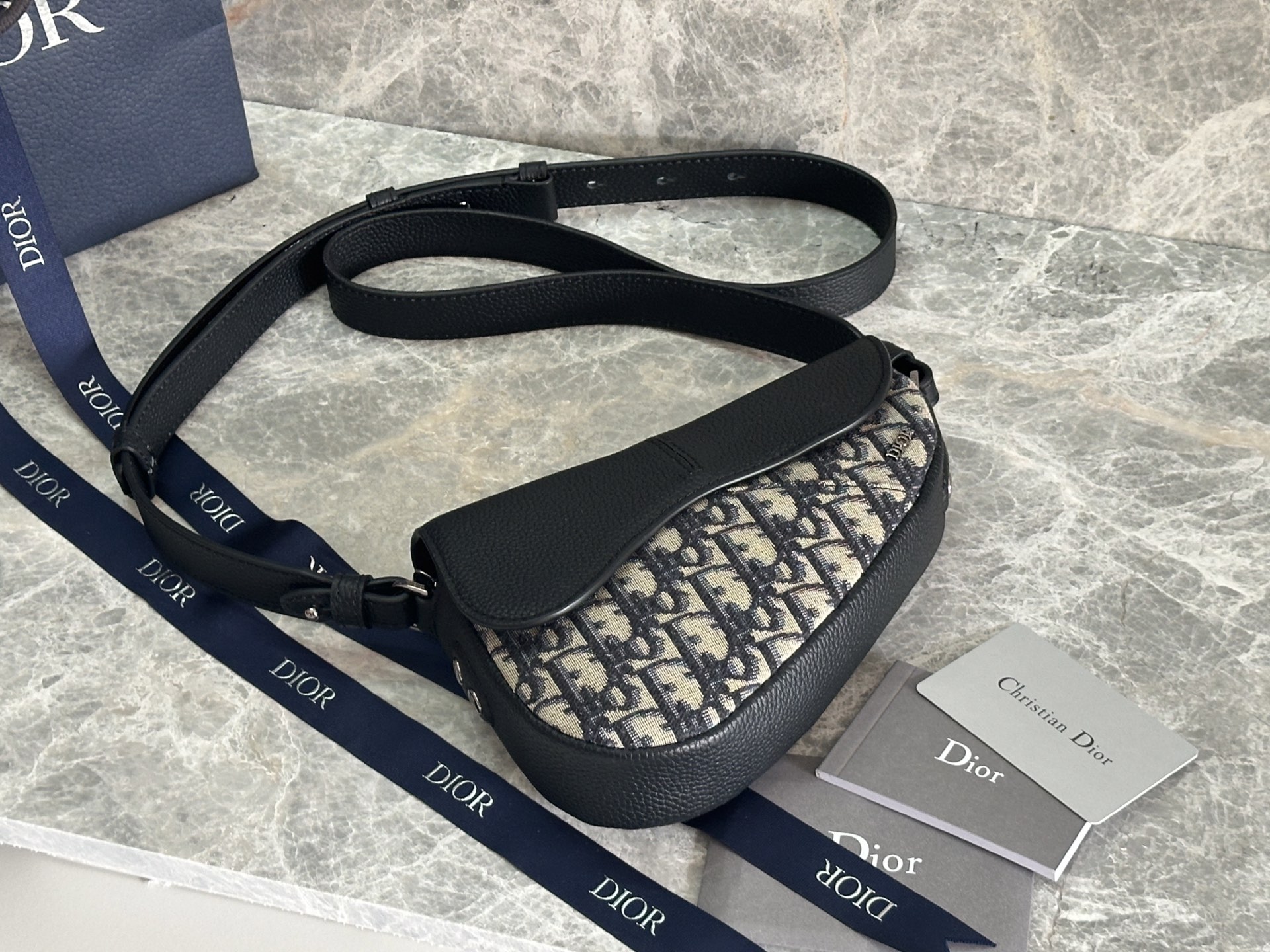 Bagsaaa D10r Mini Saddle Bag Beige and Black D10r Oblique Jacquard with Black Grained Calfskin - 19.5cm