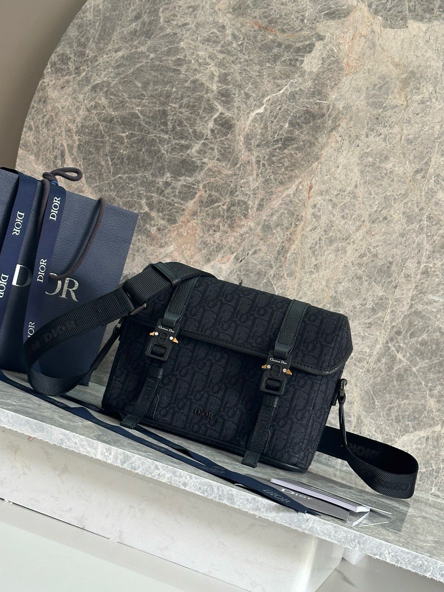 Bagsaaa D10r Hit the Road Messenger Bag with Flap Black D10r Oblique Jacquard and Black Grained Calfskin - 24cm