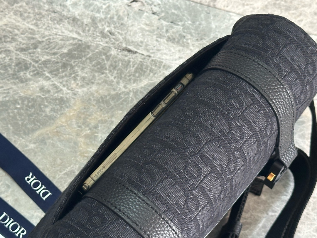 Bagsaaa D10r Hit the Road Messenger Bag with Flap Black D10r Oblique Jacquard and Black Grained Calfskin - 24cm
