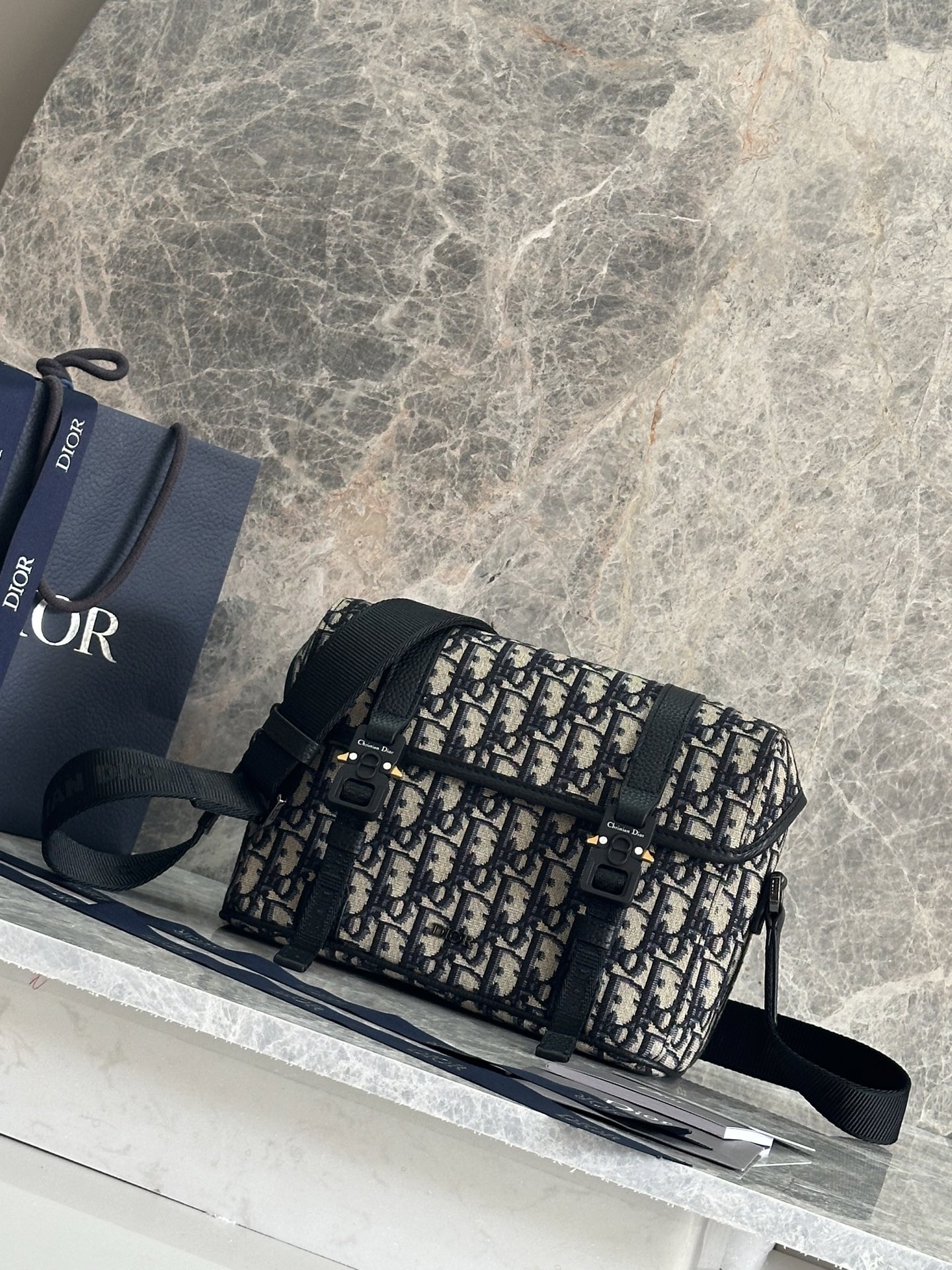 Bagsaaa D10r Hit the Road Messenger Bag with Flap Beige and Black D10r Oblique Jacquard with Black Grained Calfskin - 24cm